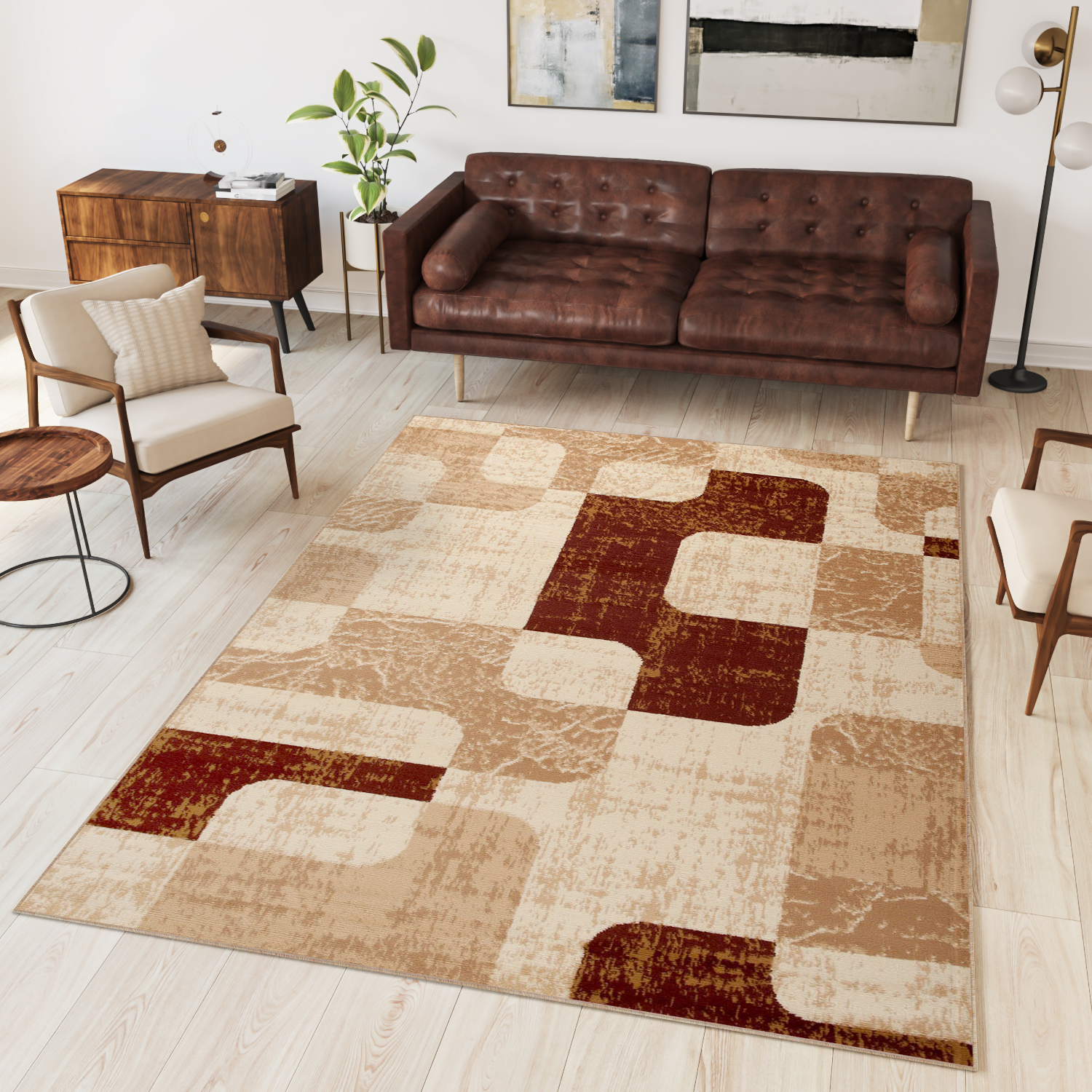 Teppich Dream Kurzflor Beige Creme Braun Retro Vierecke
