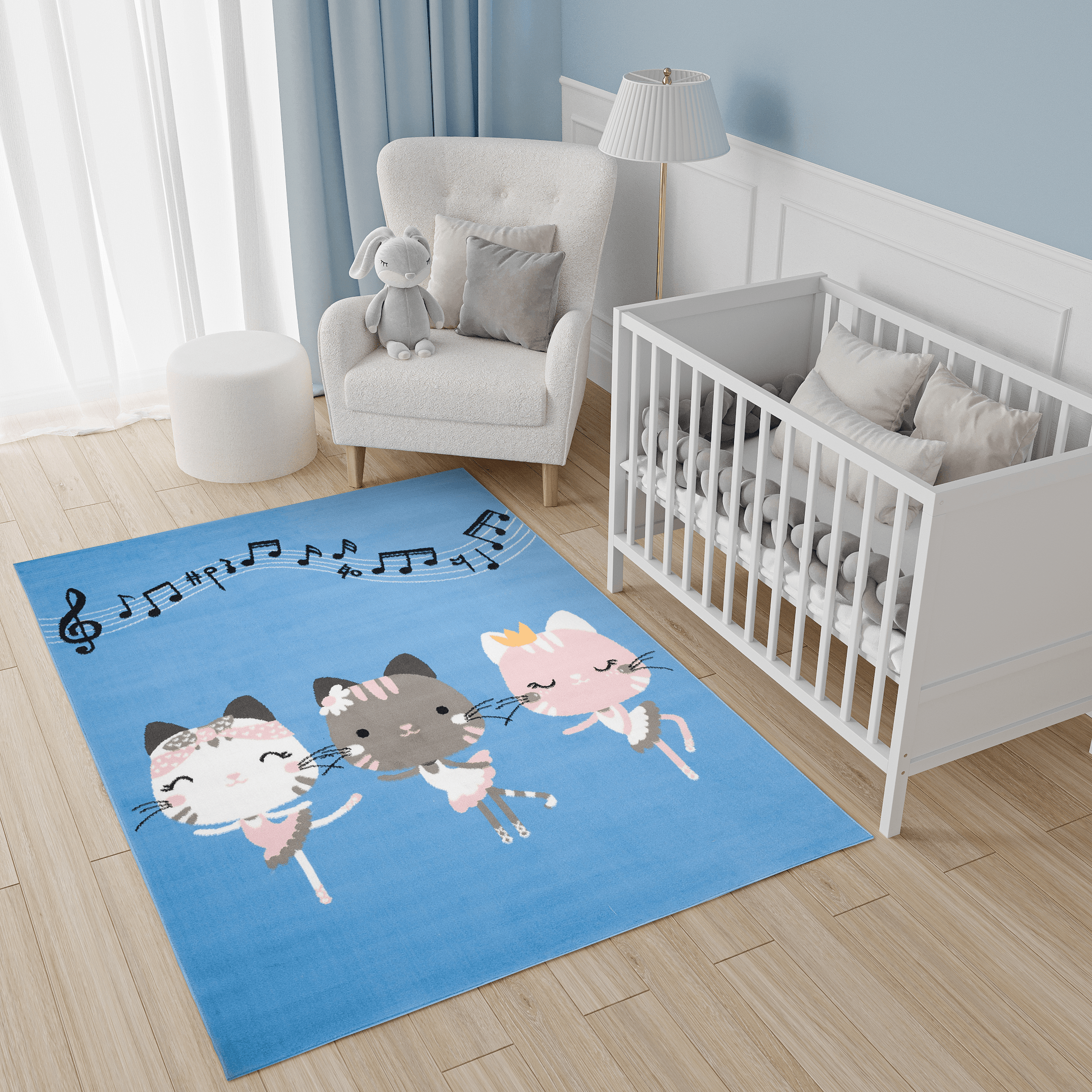 Teppich Jolly Kurzflor Kinderteppich Spielmatte Blau Grau Rosa Katzen
