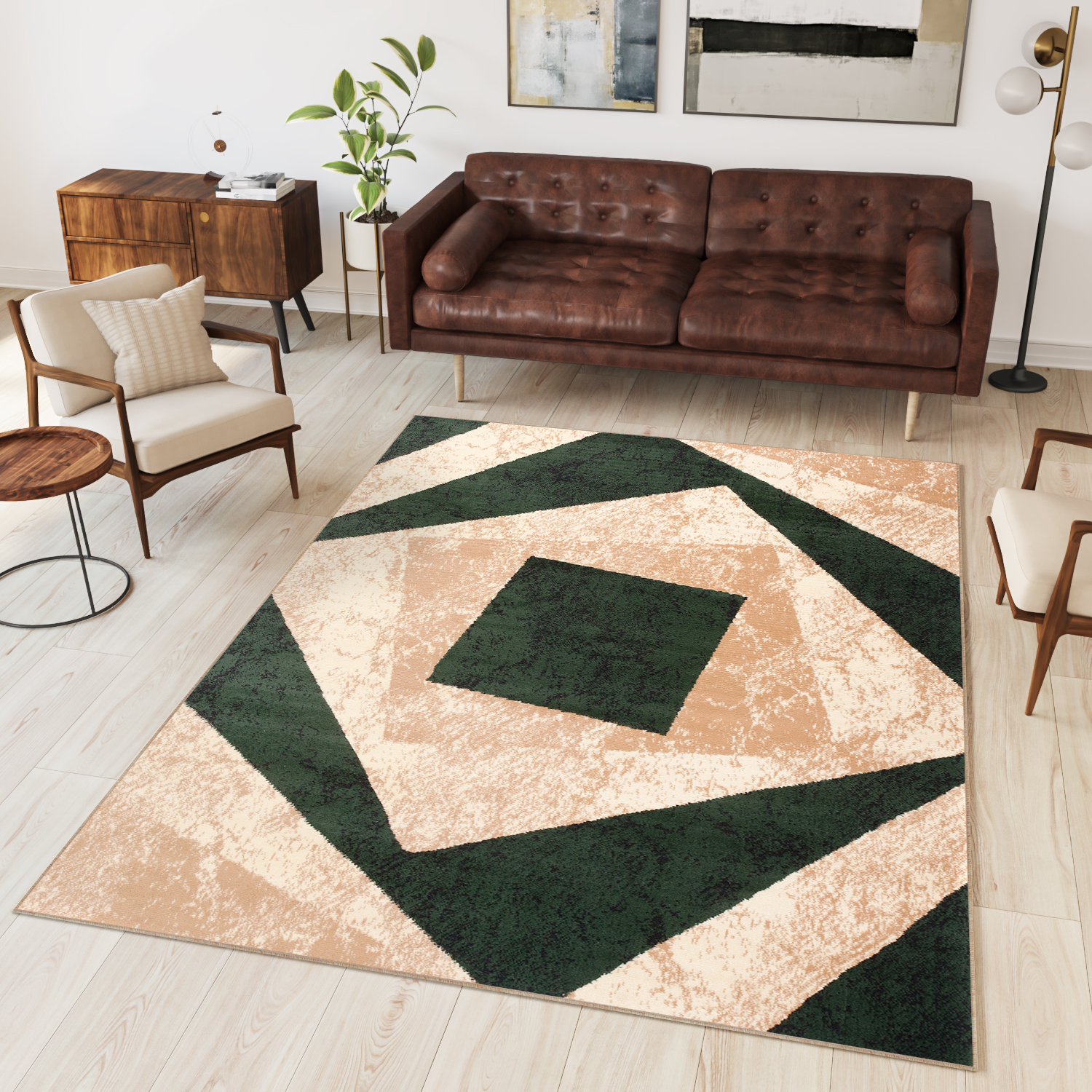 Teppich Dream Modern Kurzflor Creme Grün Vierecke Meliert