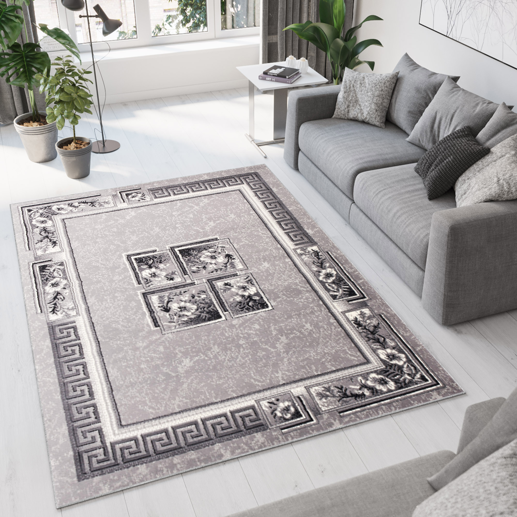 Teppich Dream Kurzflor Creme Hellgrau Meliert Floral Design