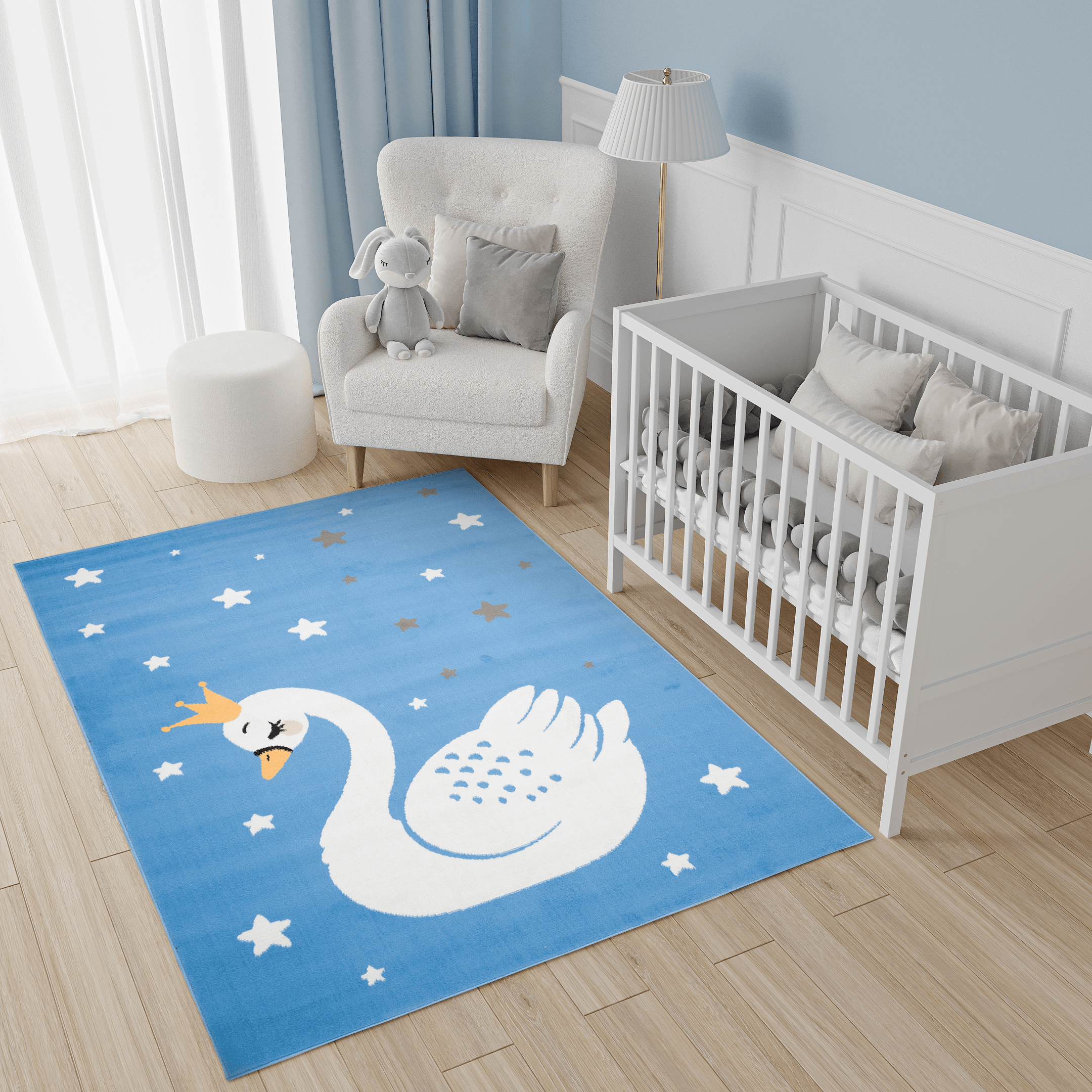 Teppich Jolly Kinderteppich Kurzflor Spielmatte Blau Sterne Schwan