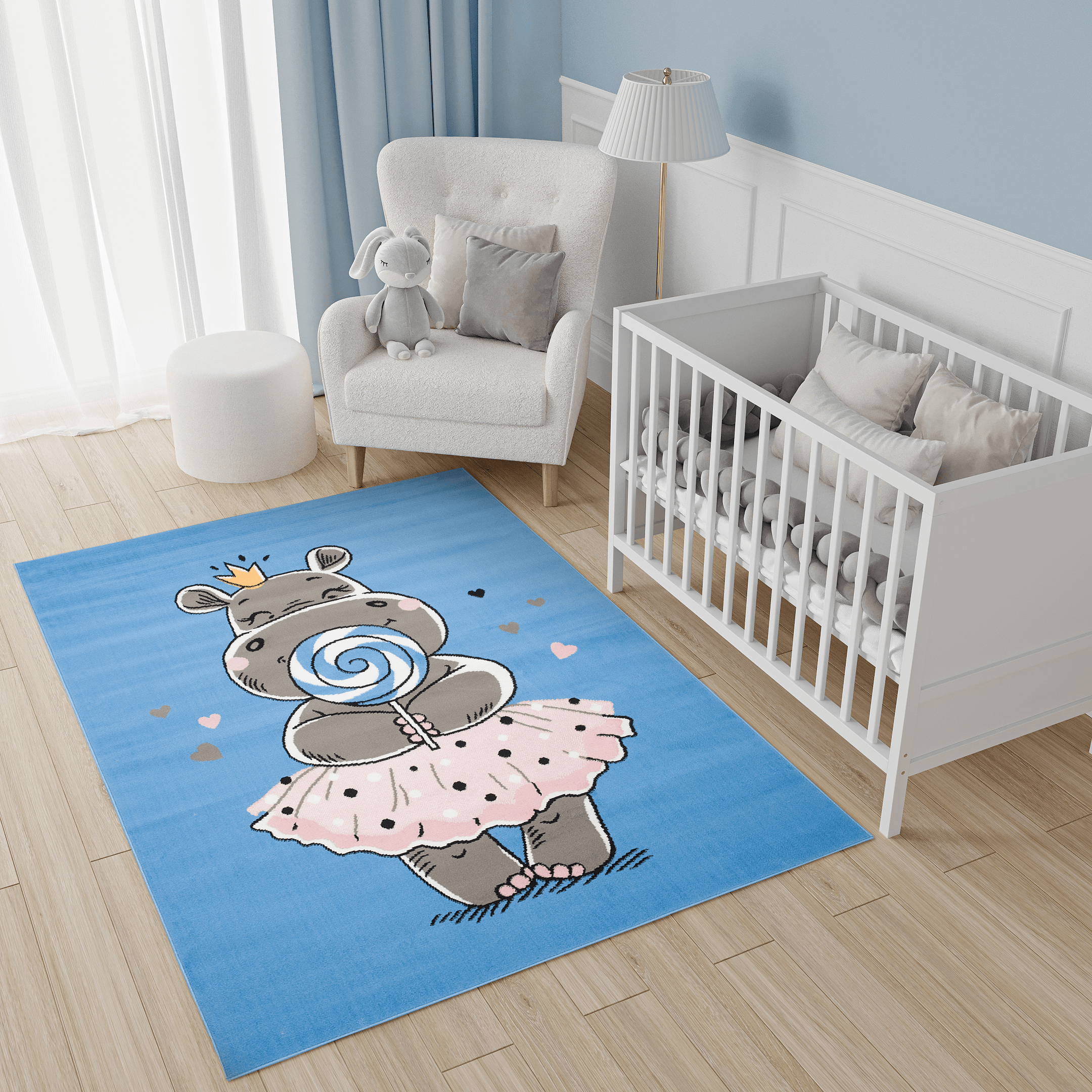 Teppich Jolly Kurzflor Kinderteppich Spielmatte Blau Grau Rosa Hippo