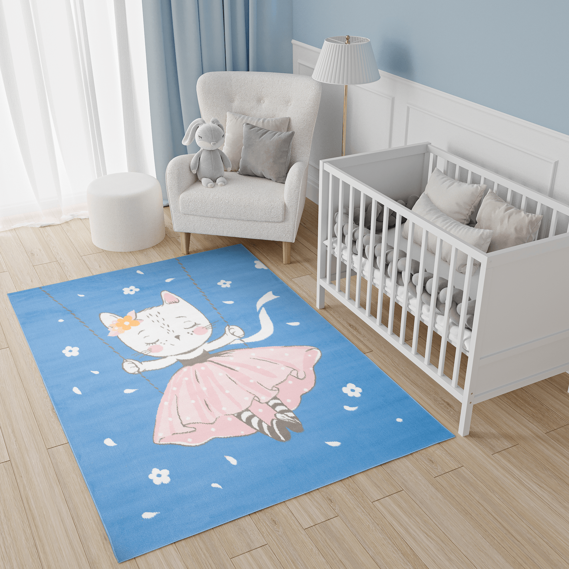 Teppich Jolly Kurzflor Kinderteppich Spielmatte Blau Rosa Katze