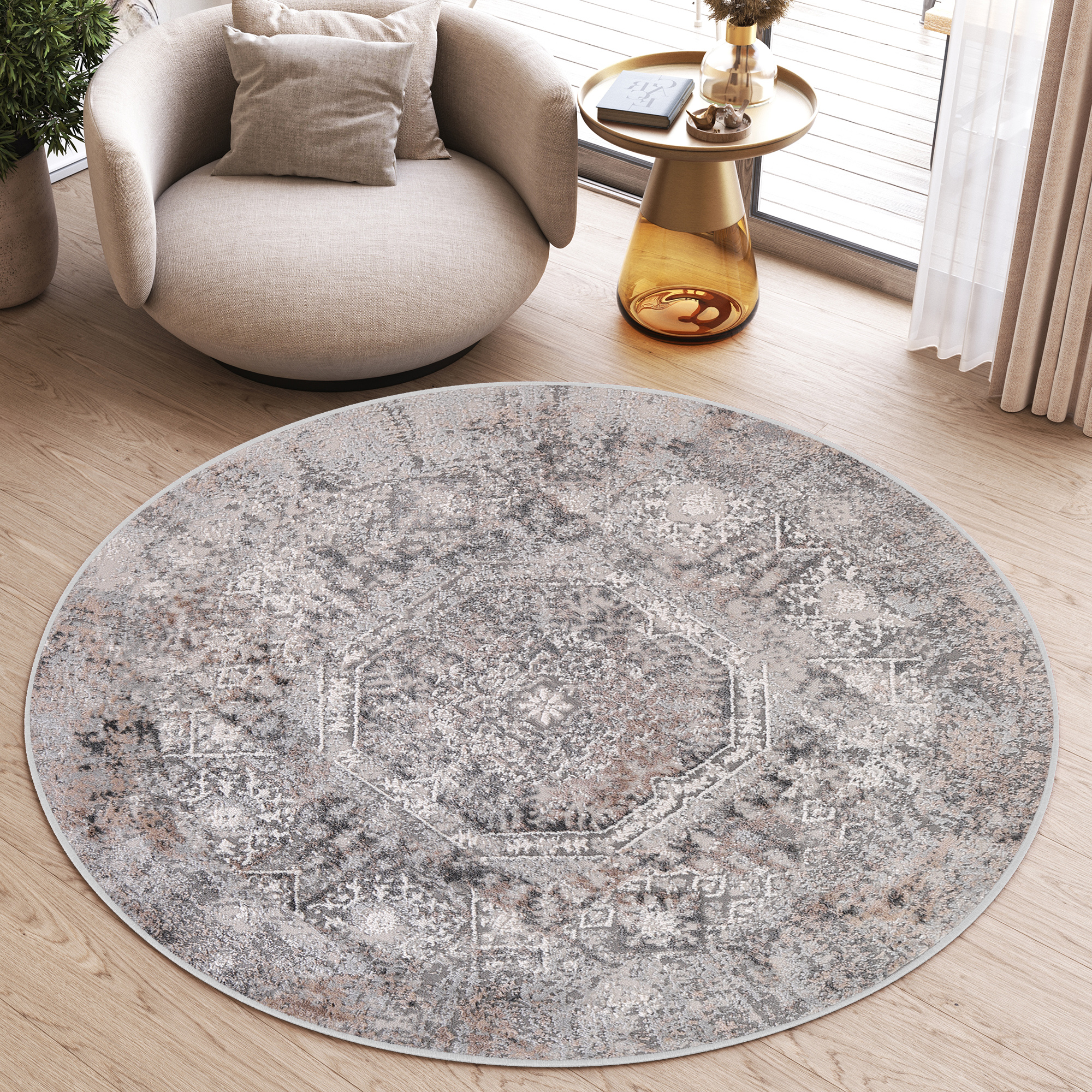 Teppich Valley Rund Grau Beige Vintage Ornamente