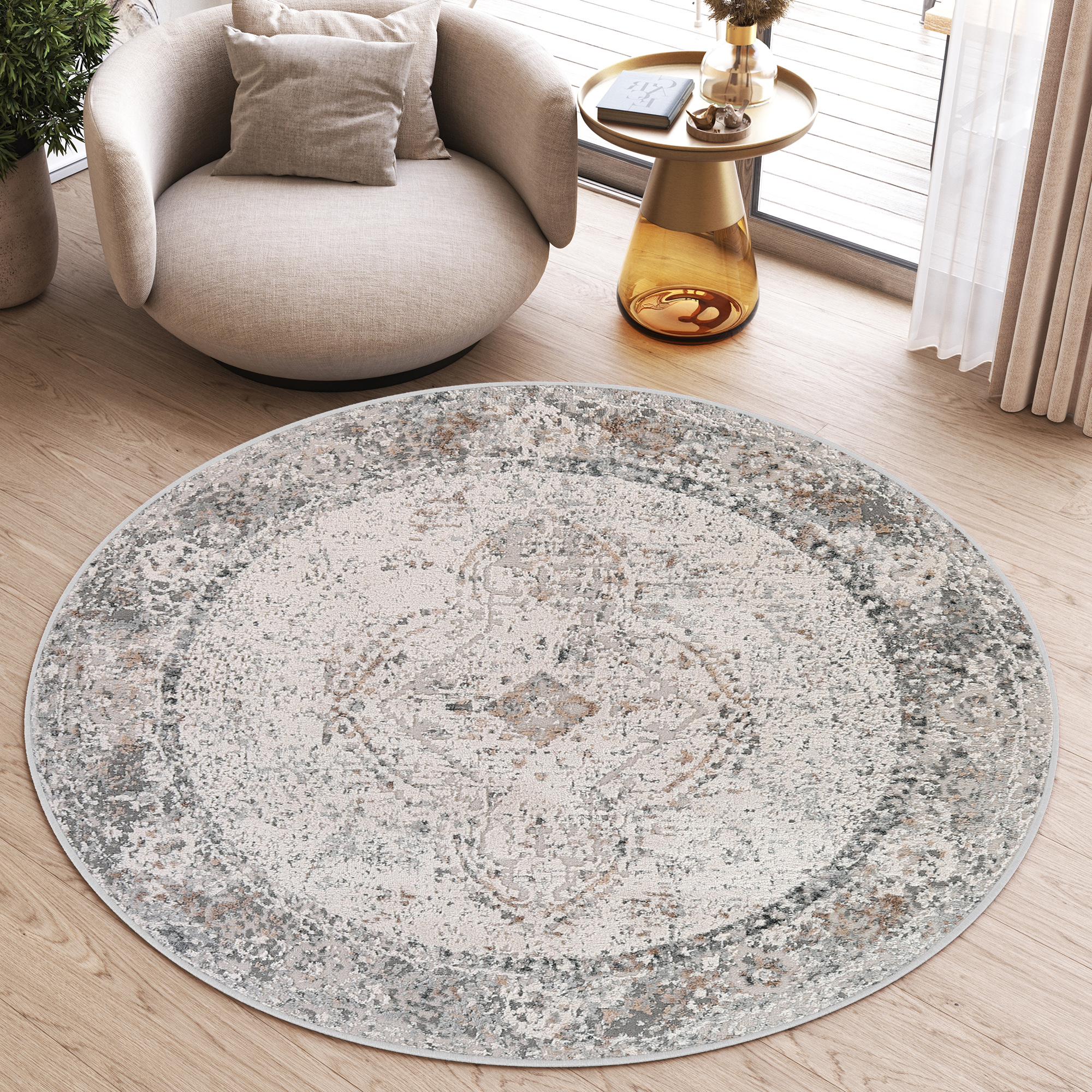 Teppich Valley Rund Grau Ornamente Vintage