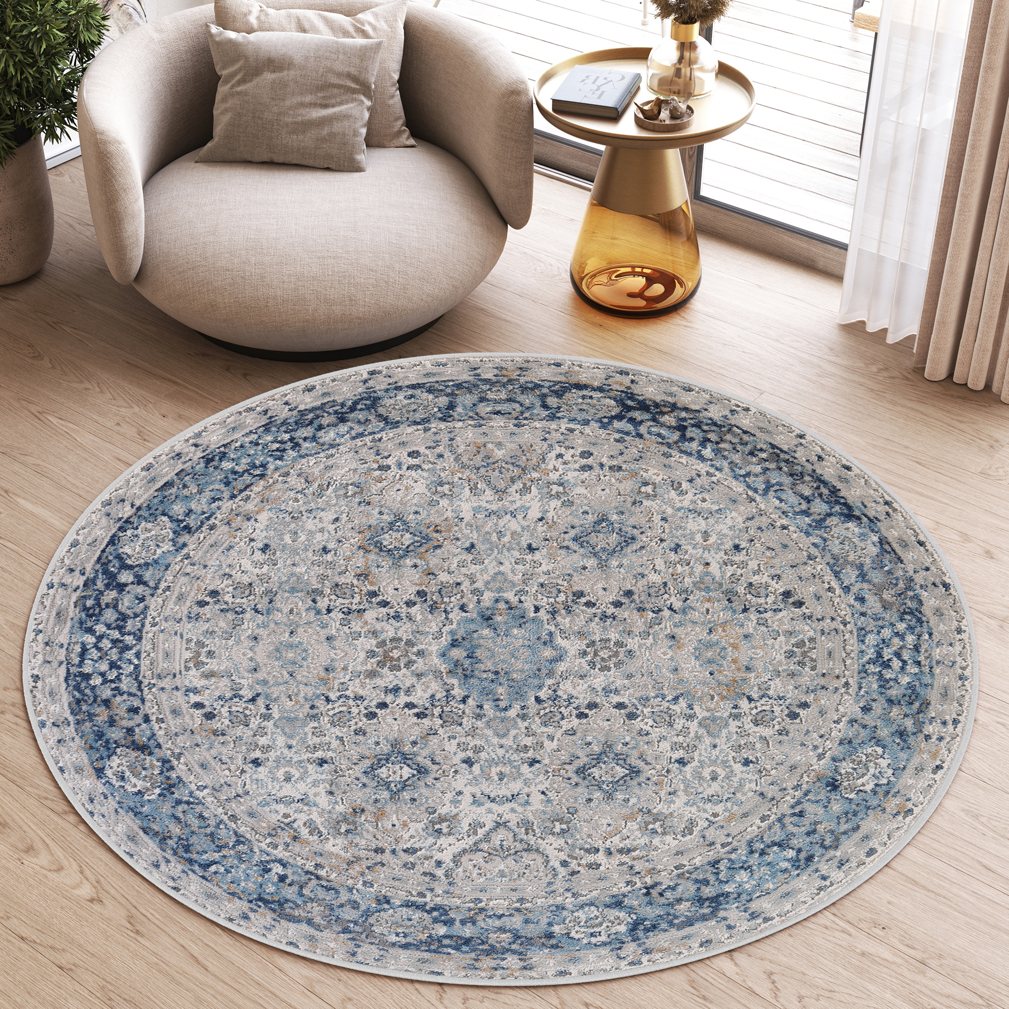 Teppich Valley Rund Grau Blau Ornamente Vintage