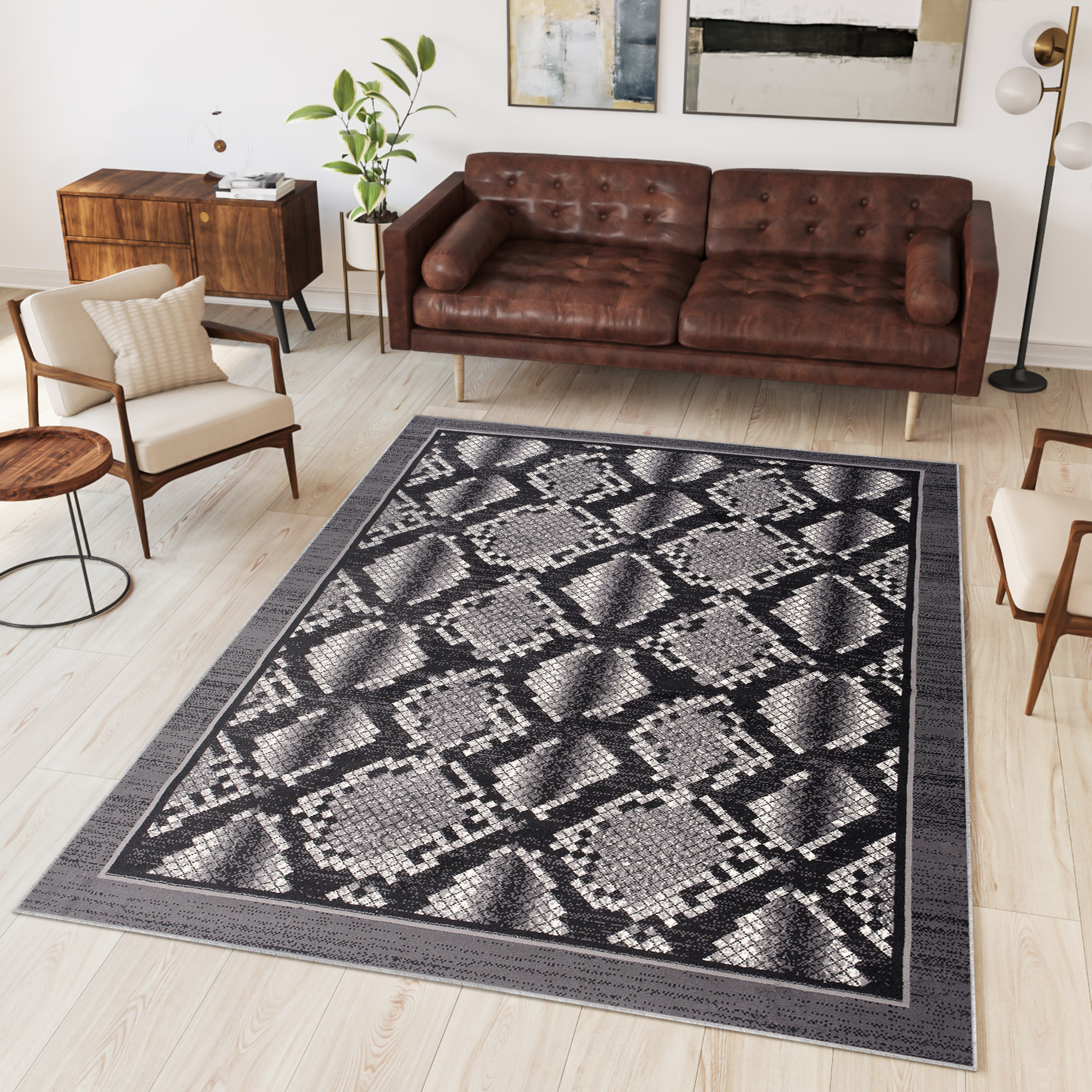 Teppich Dream Modern Kurzflor Grau Schwarz Schlange Tiermotiv