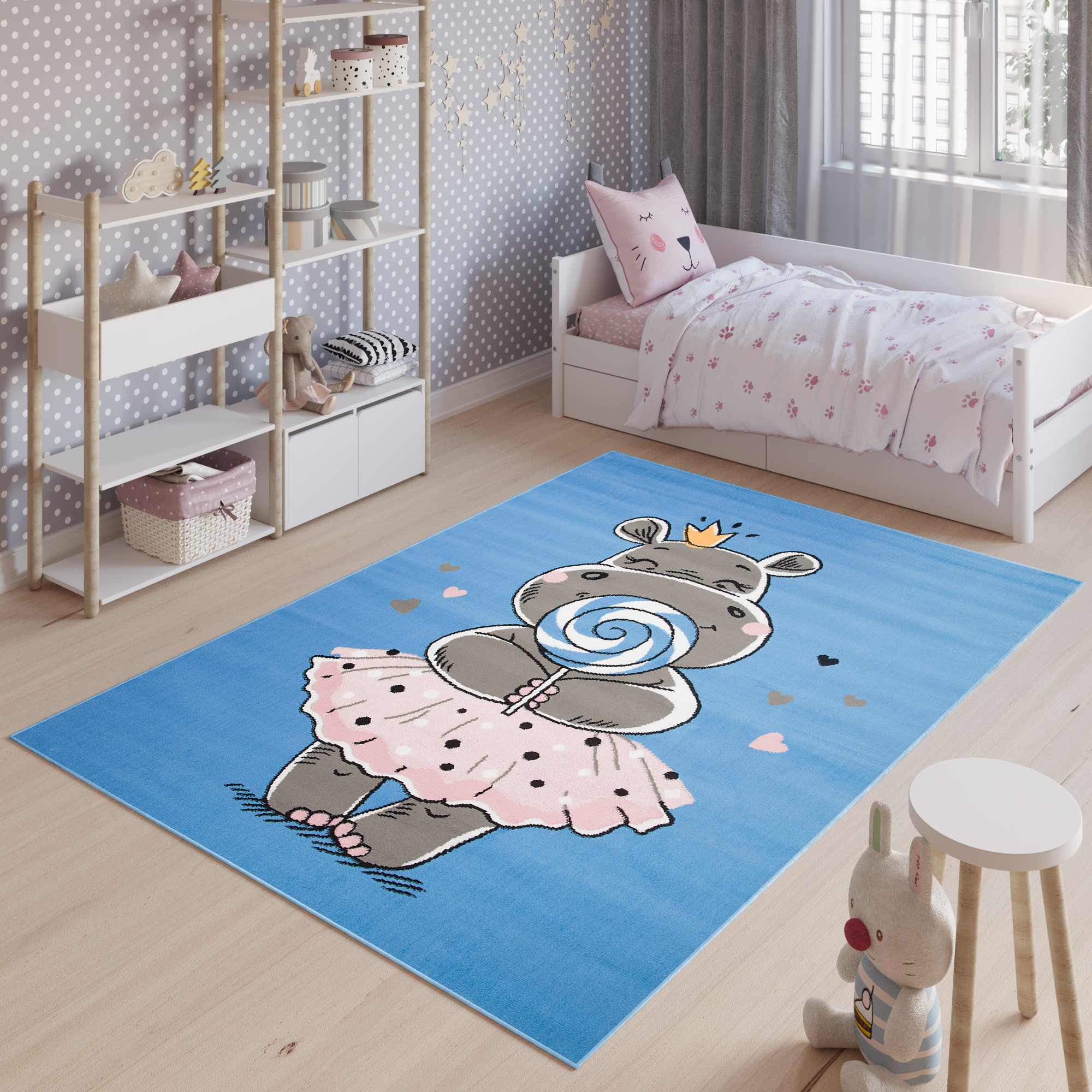 Teppich Jolly Kurzflor Kinderteppich Spielmatte Blau Grau Rosa Hippo
