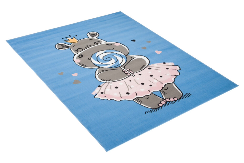 Teppich Jolly Kurzflor Kinderteppich Spielmatte Blau Grau Rosa Hippo