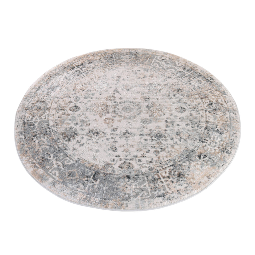 Teppich Valley Rund Grau Beige Ornamente Rahmen