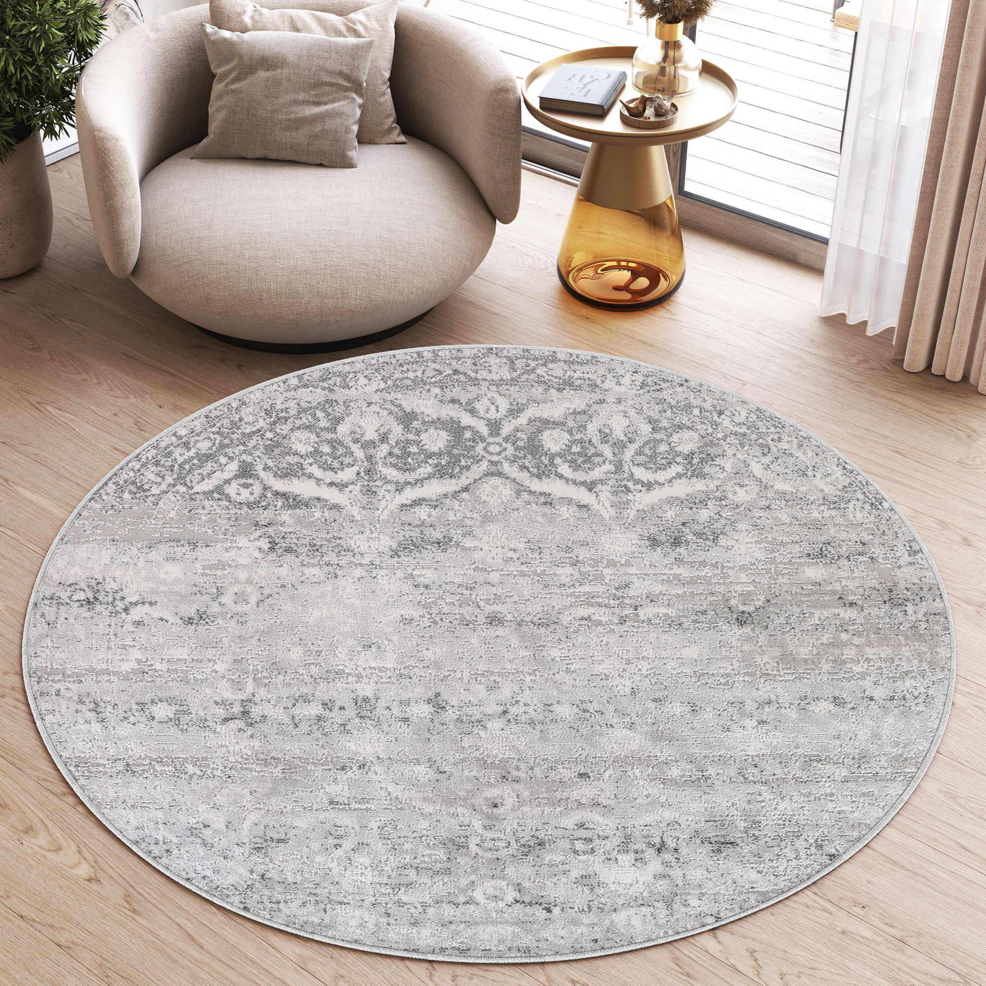 Teppich Sky Rund Grau Vintage Floral Verwischungen