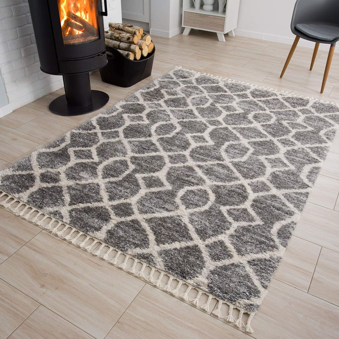 Teppich Versay Grau Creme Geometrische mit Fransen