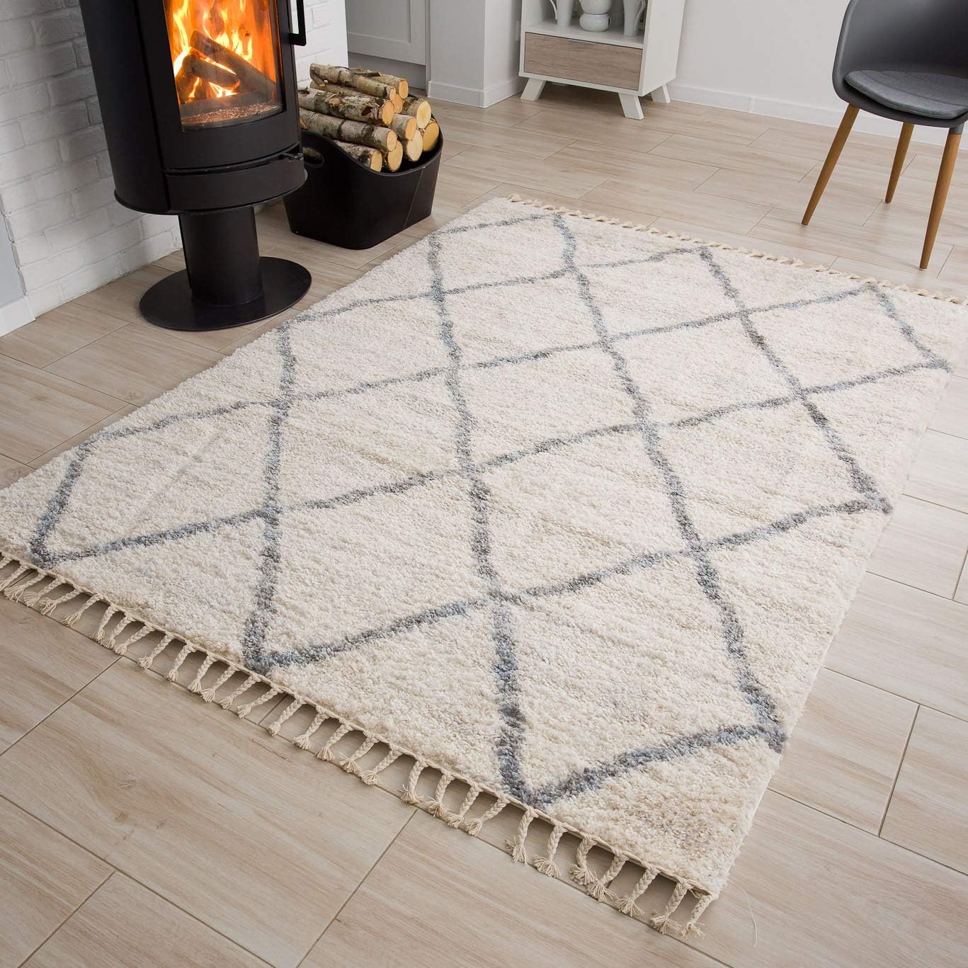 Teppich Versay Creme Grau Kariert mit Fransen