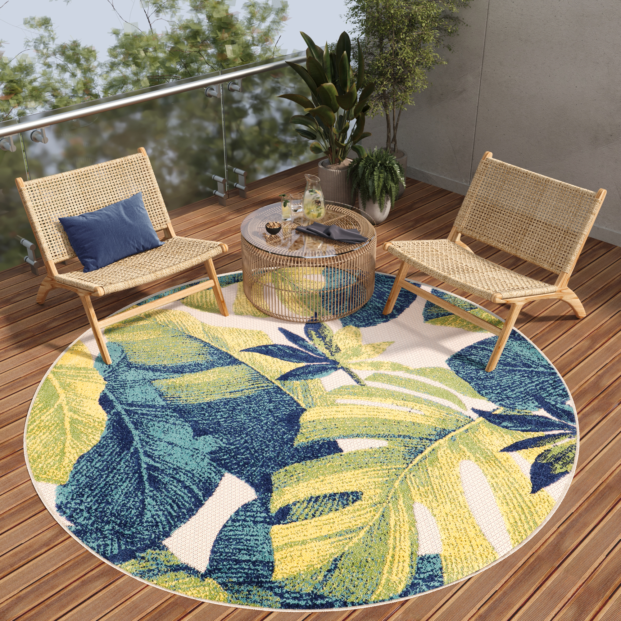 Outdoorteppich Patio Rund Creme Palmenblätter