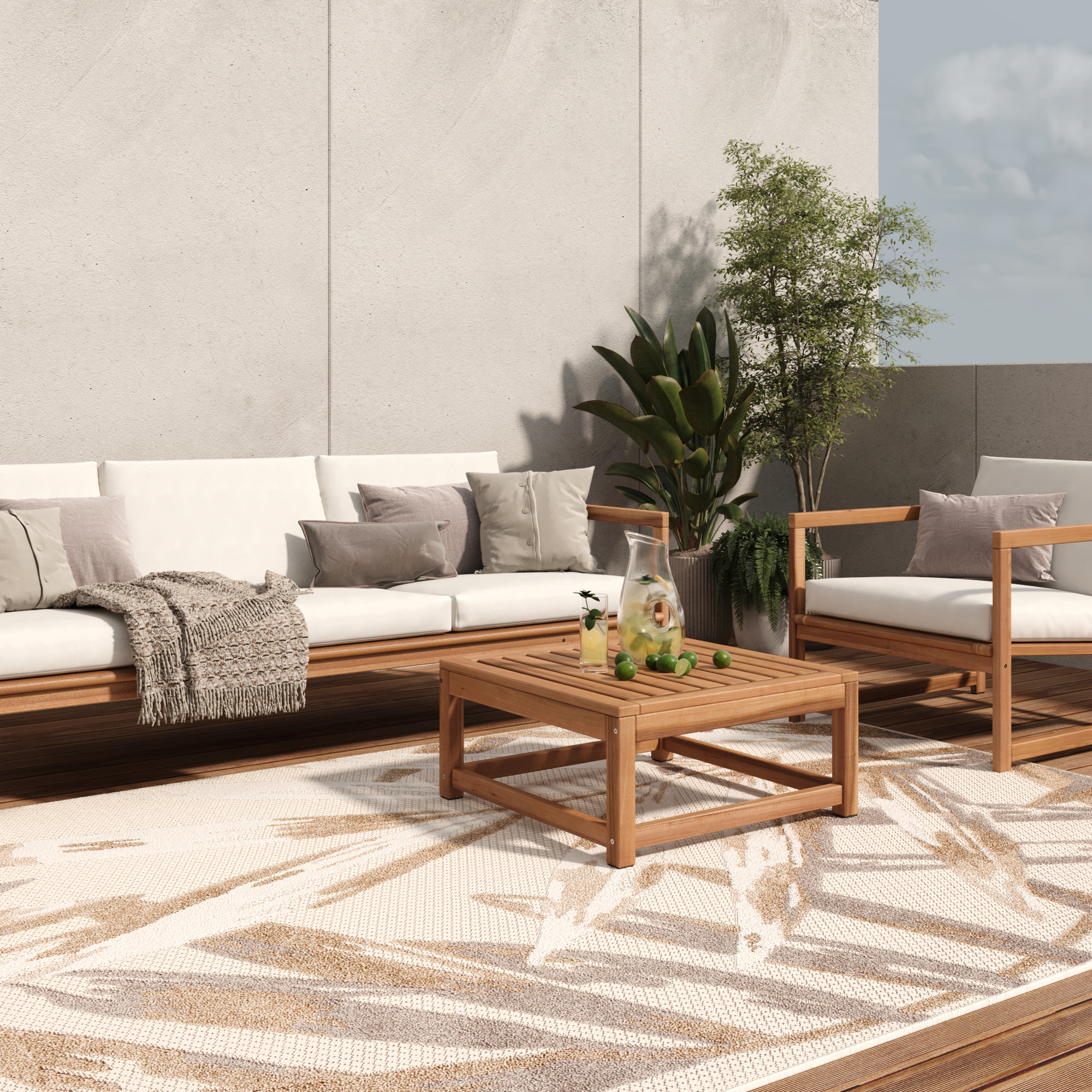 Teppich Outdoor Patio Creme Grau Blätter