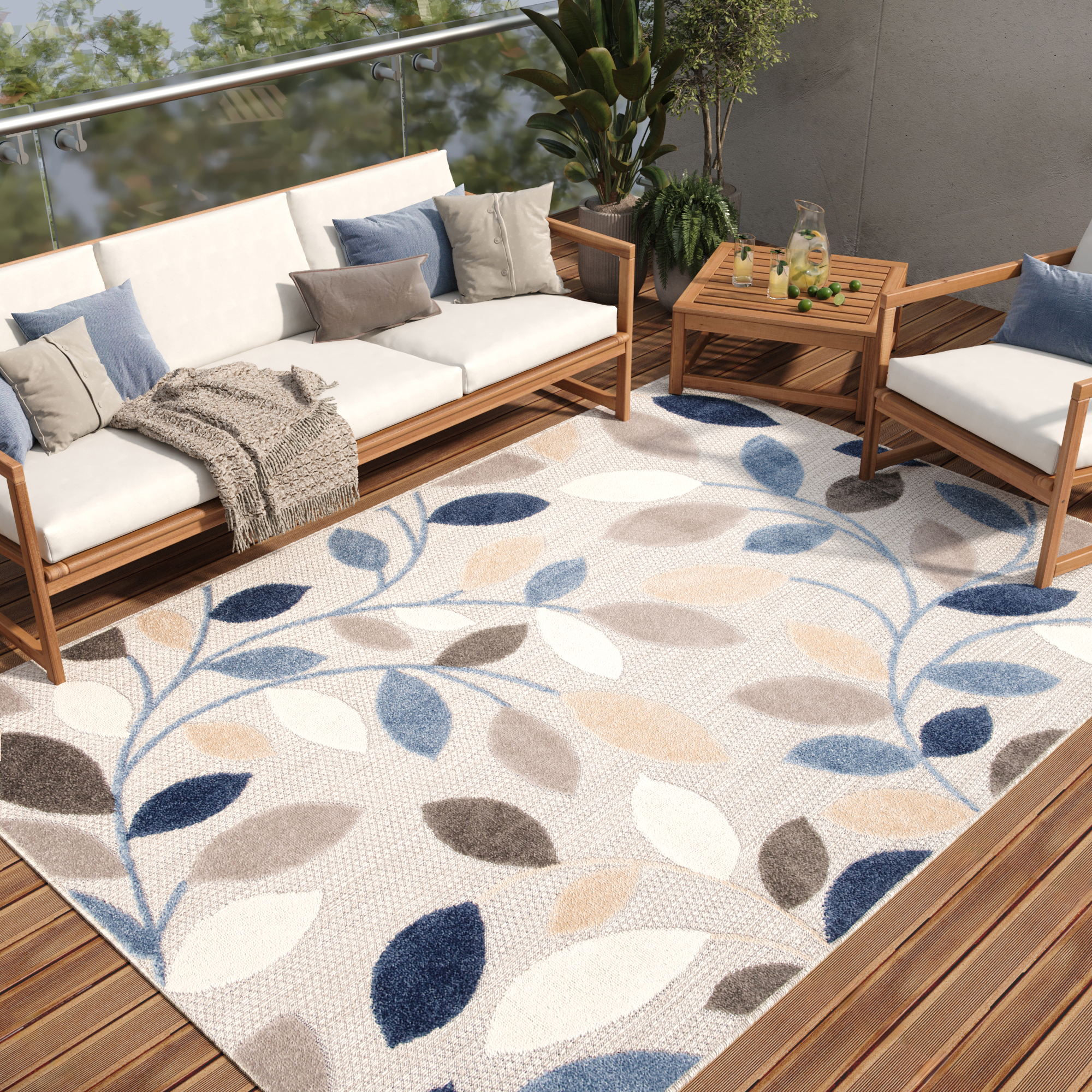 Teppich Outdoor Patio Grau Blau Blätter