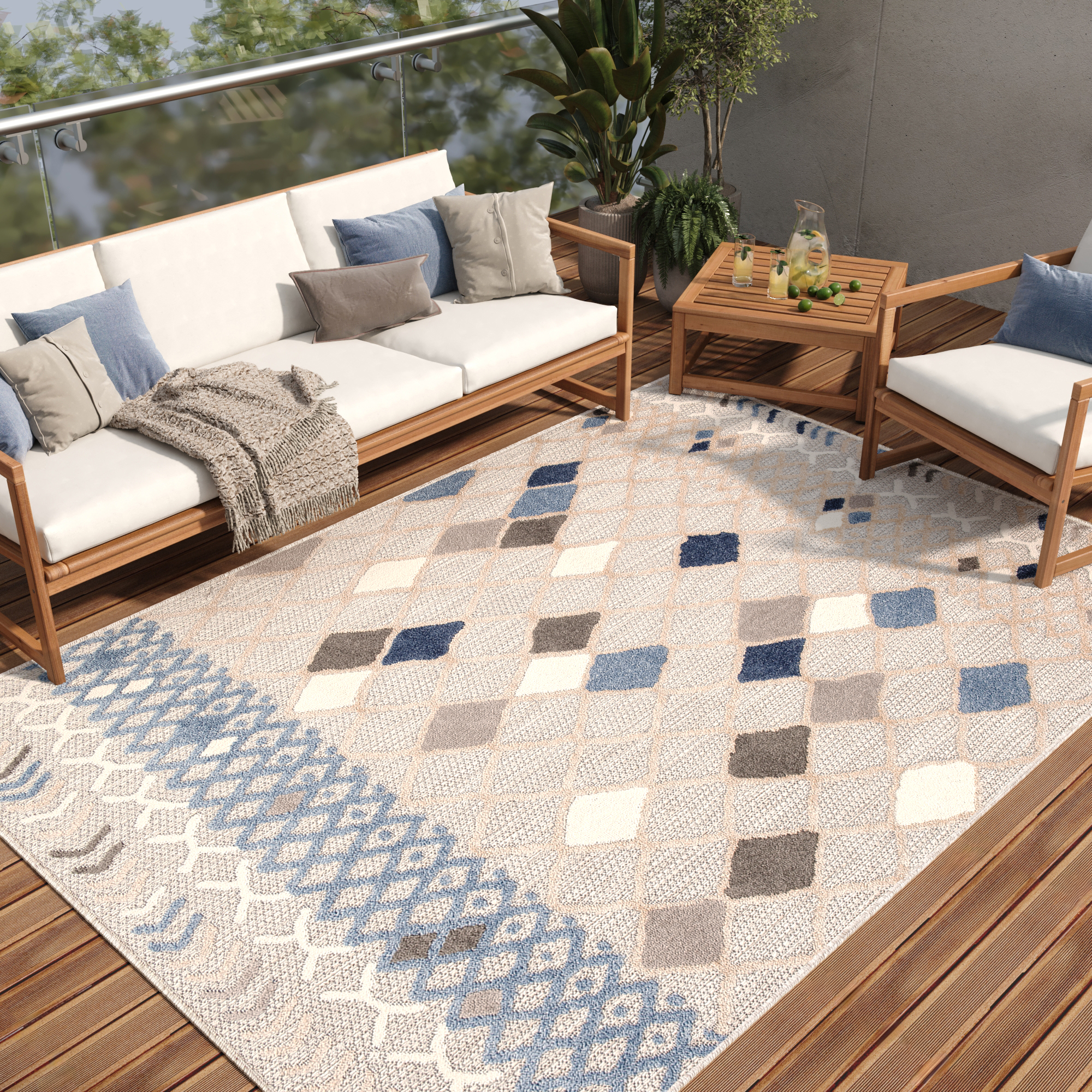 Teppich Outdoor Patio Grau Blau Ethno