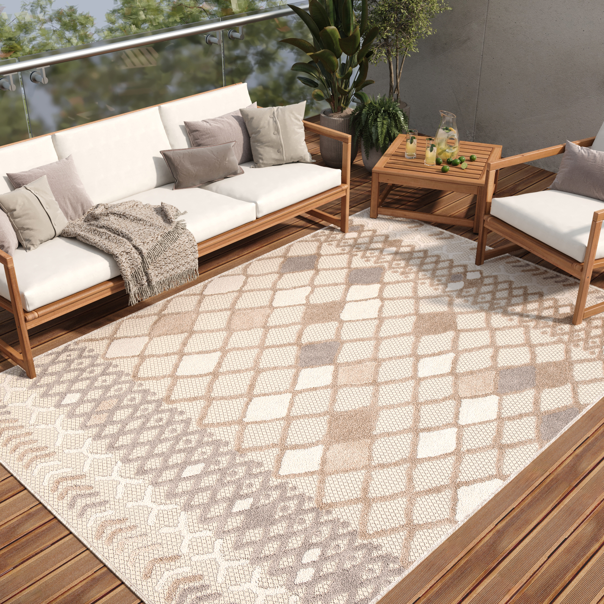 Teppich Outdoor Patio Grau Creme Ethno