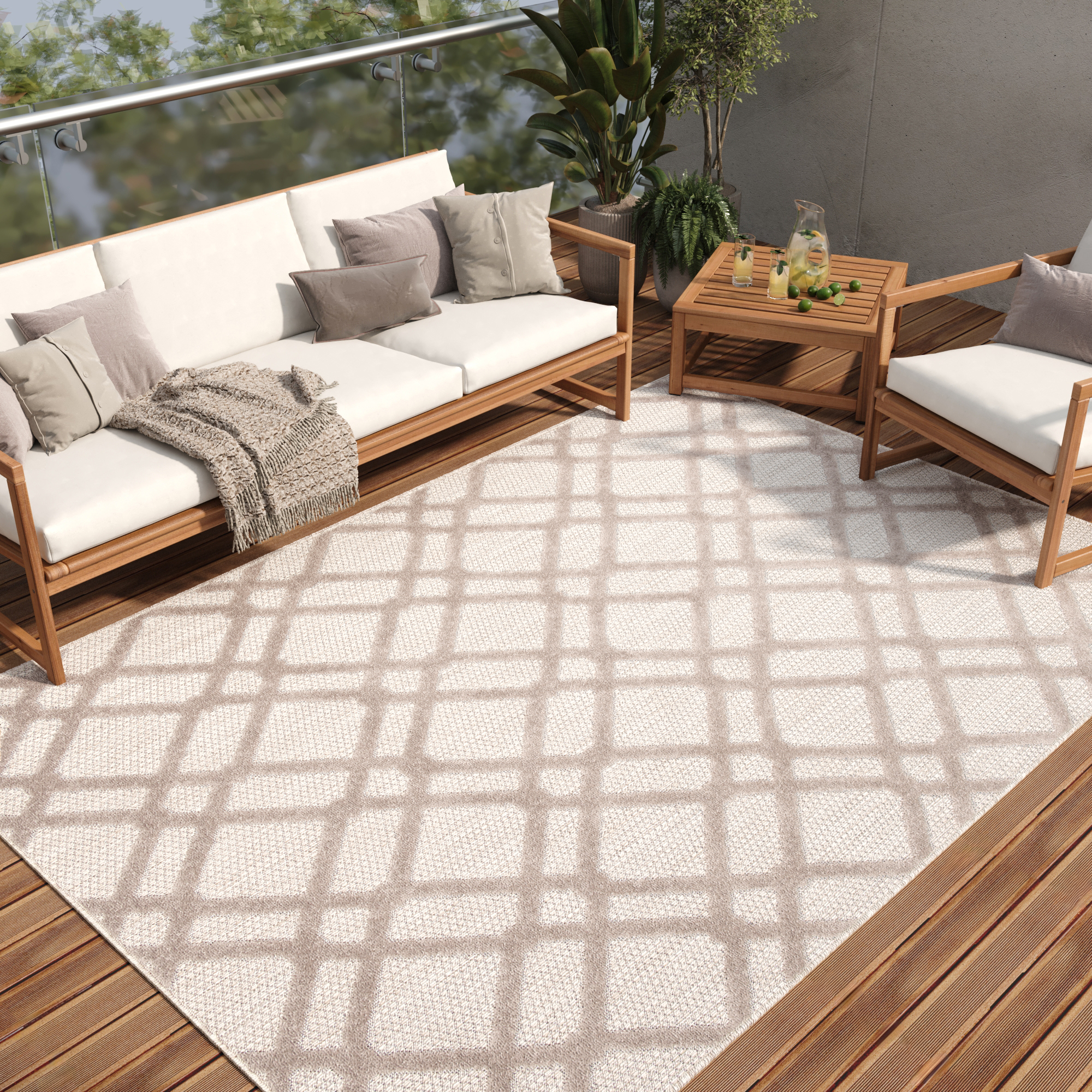 Teppich Outdoor Patio Beige Grau Gitter