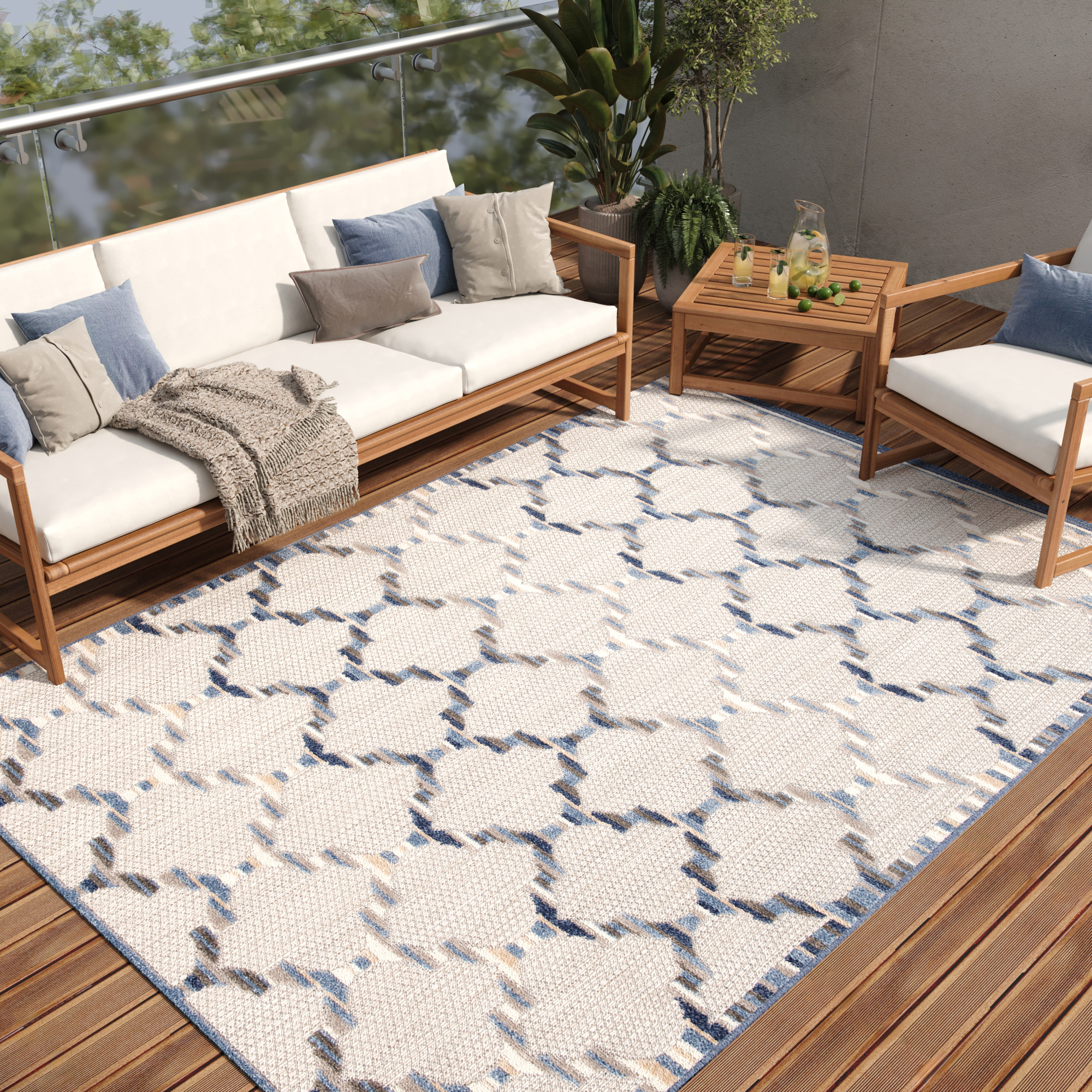 Teppich Outdoor Patio Grau Blau Gitter