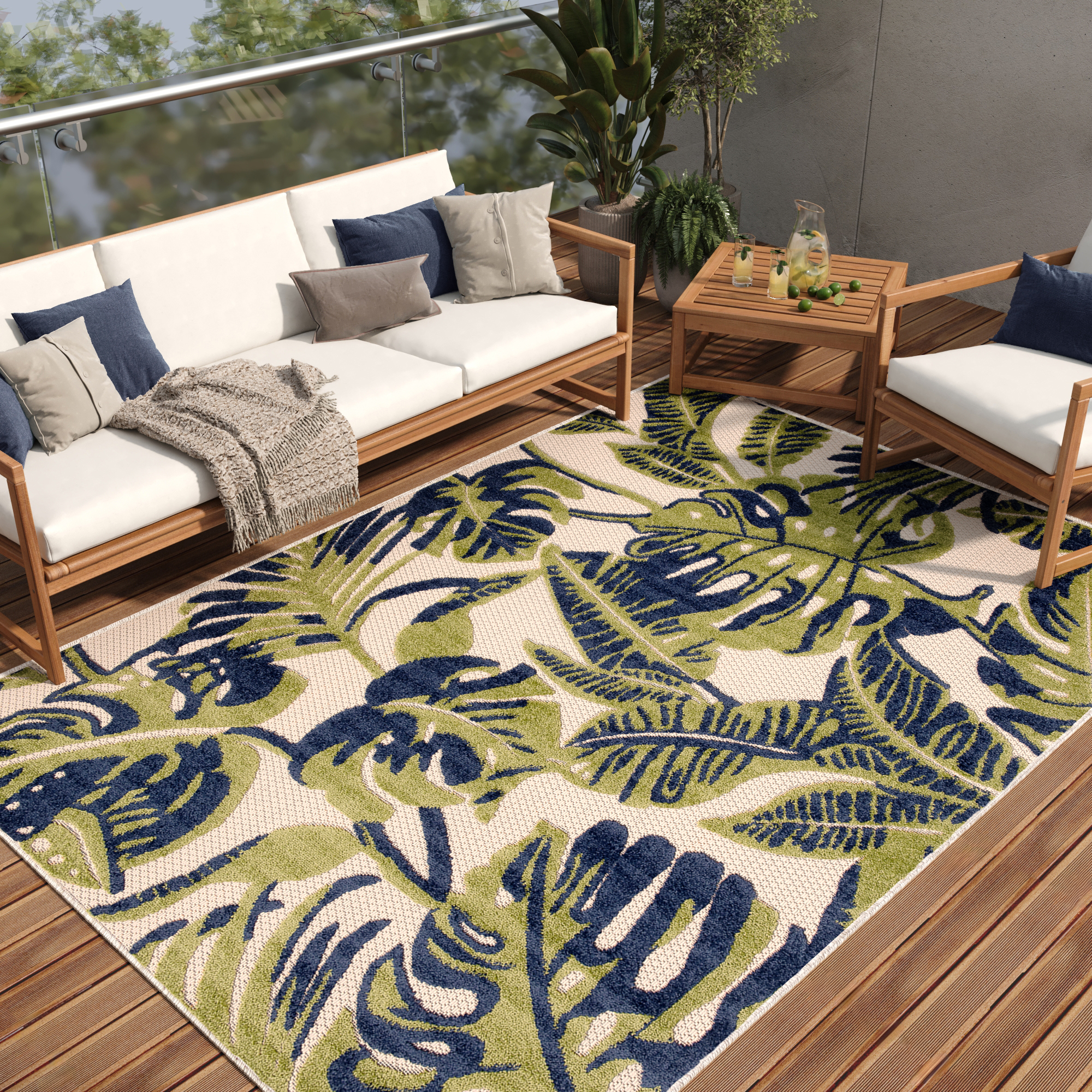 Teppich Outdoor Patio Creme Monstera Blätter