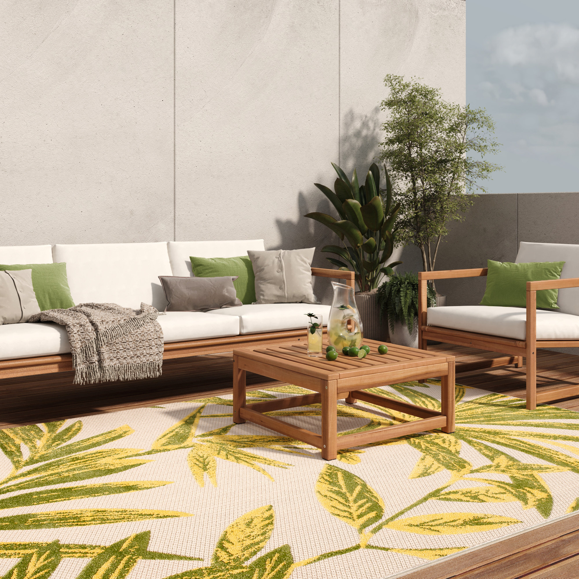Teppich Outdoor Patio Creme Grün Blätter