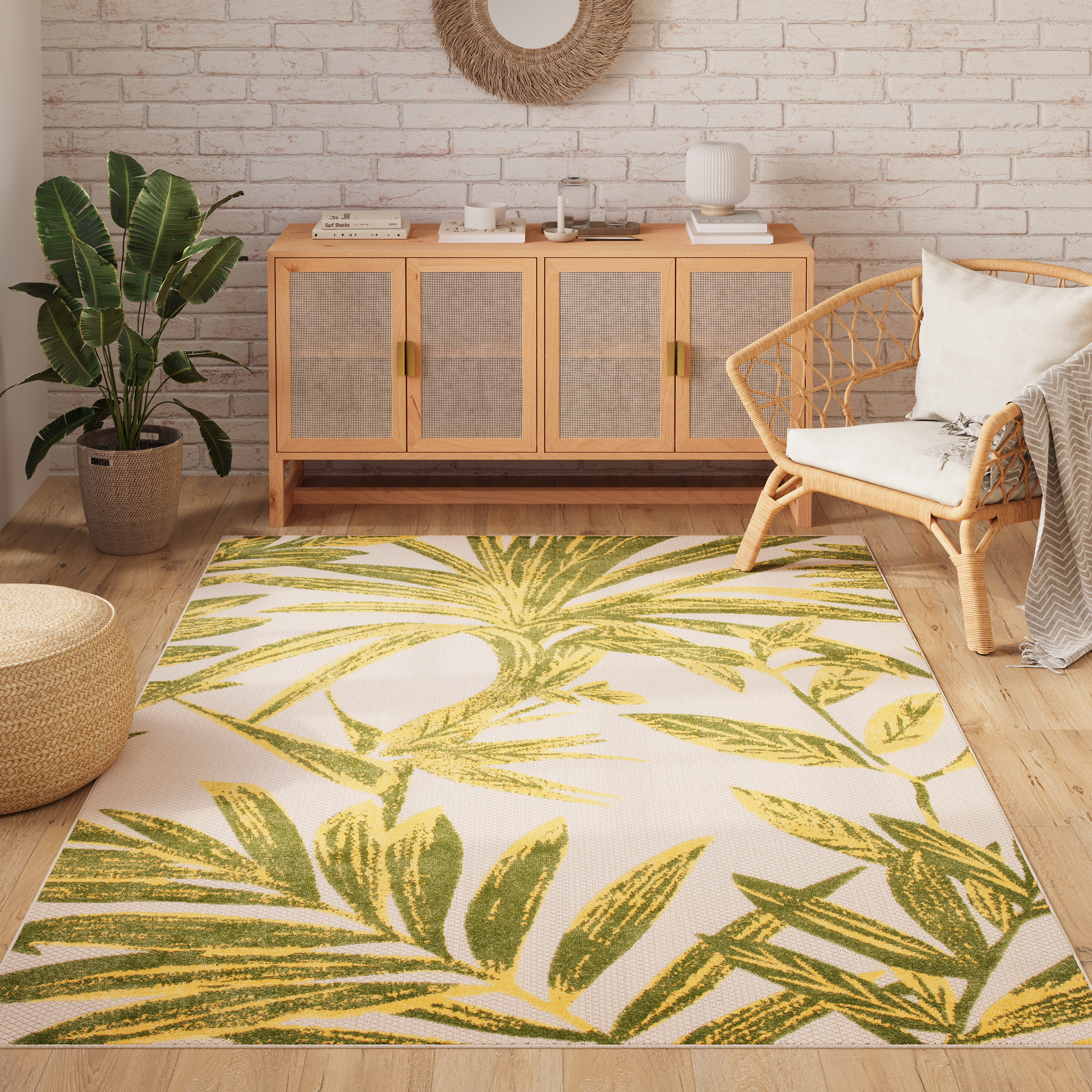 Teppich Outdoor Patio Creme Grün Blätter