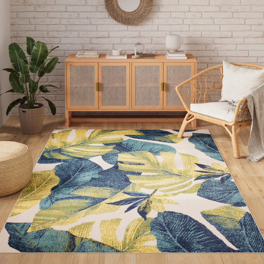 Teppich Outdoor Patio Creme Blätter Palmen