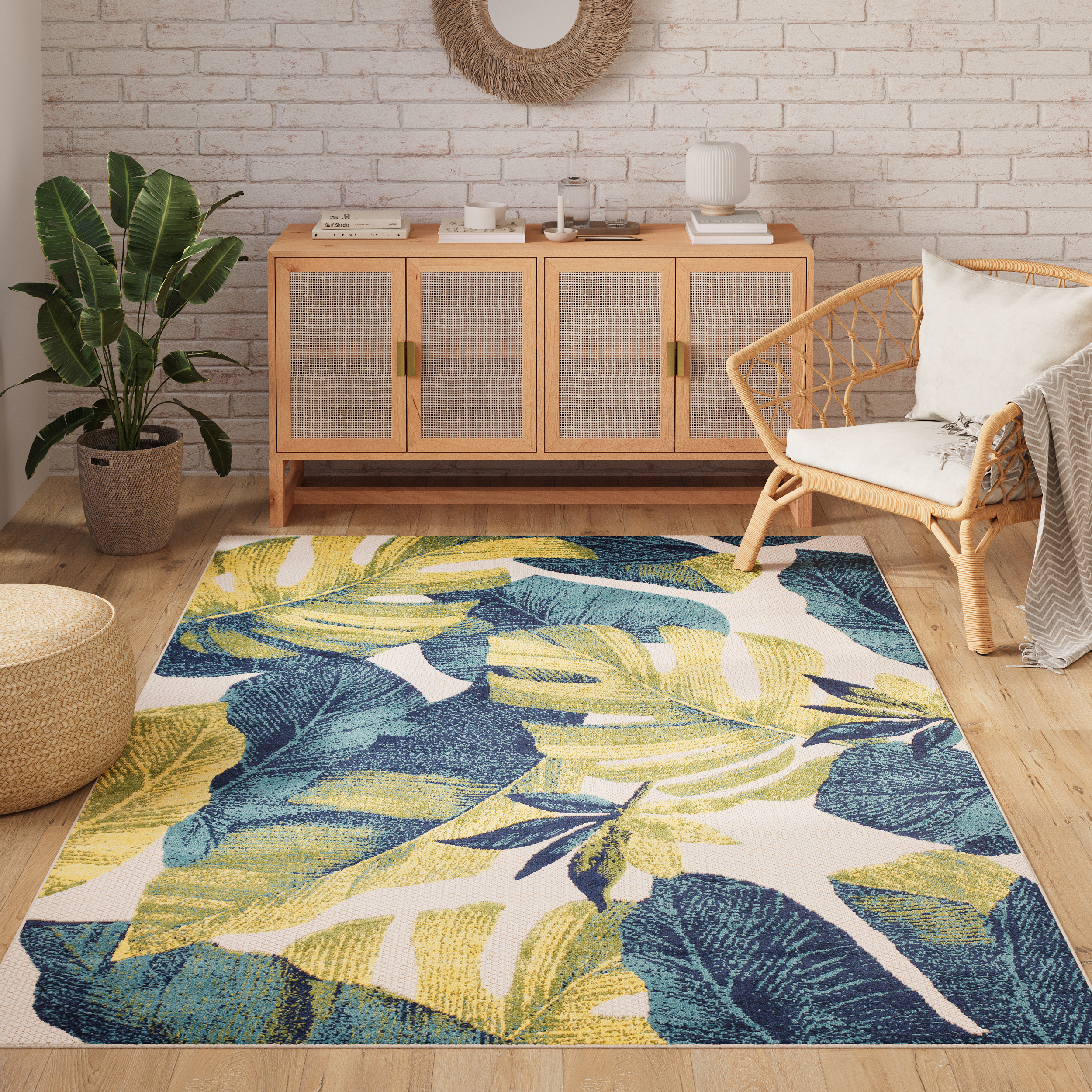 Teppich Outdoor Patio Creme Blätter Palmen