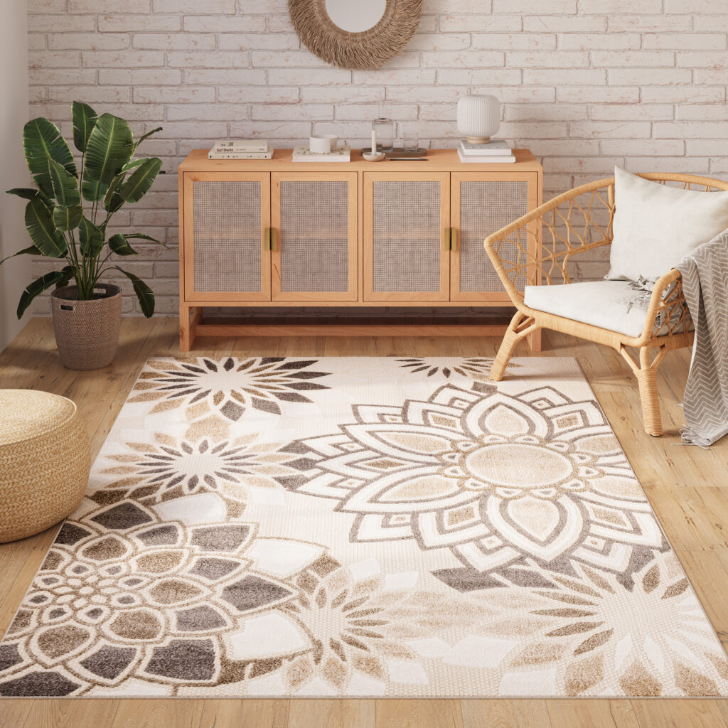 Teppich Outdoor Patio Creme Grau Blumen