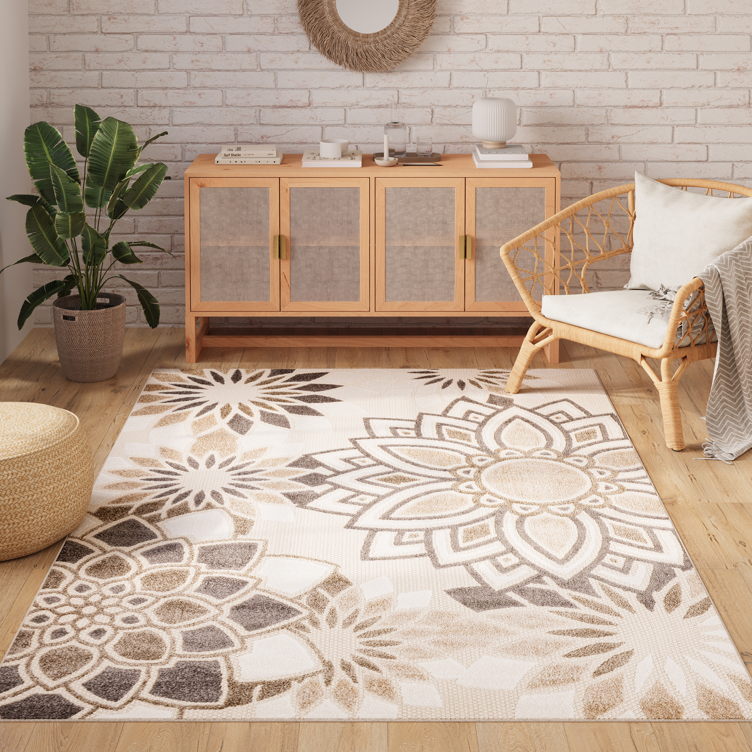 Teppich Outdoor Patio Creme Grau Blumen