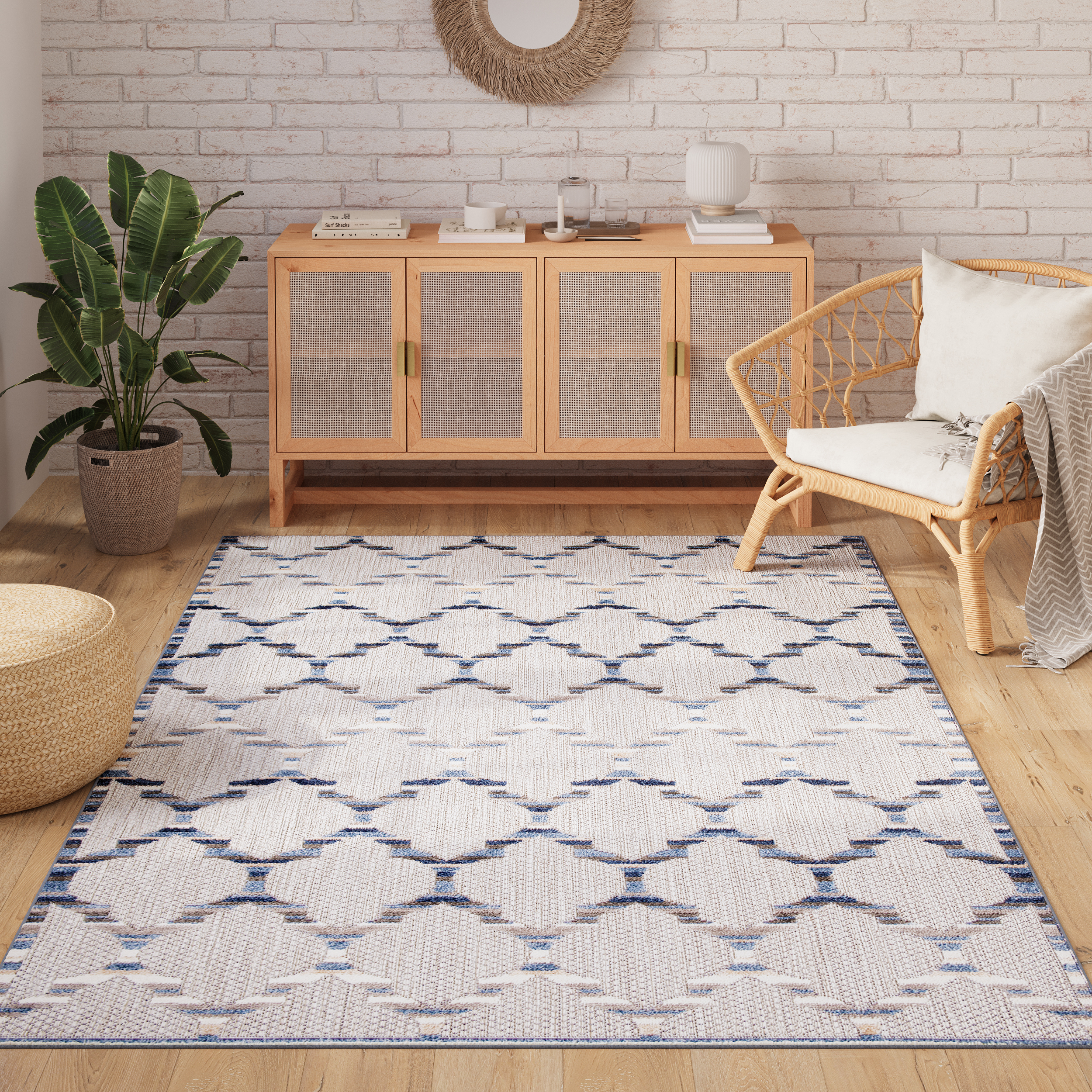 Teppich Outdoor Patio Grau Blau Gitter