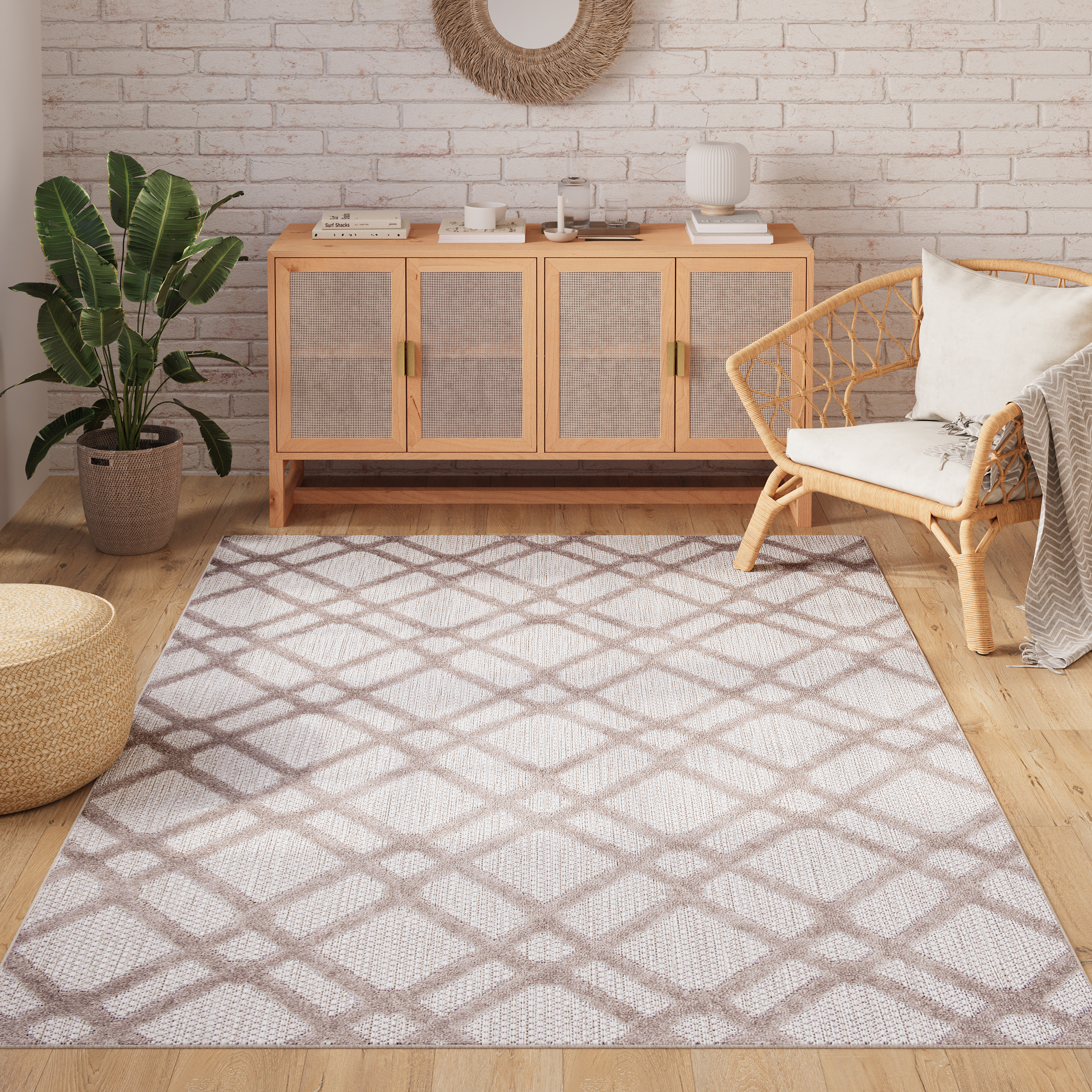 Teppich Outdoor Patio Beige Grau Gitter