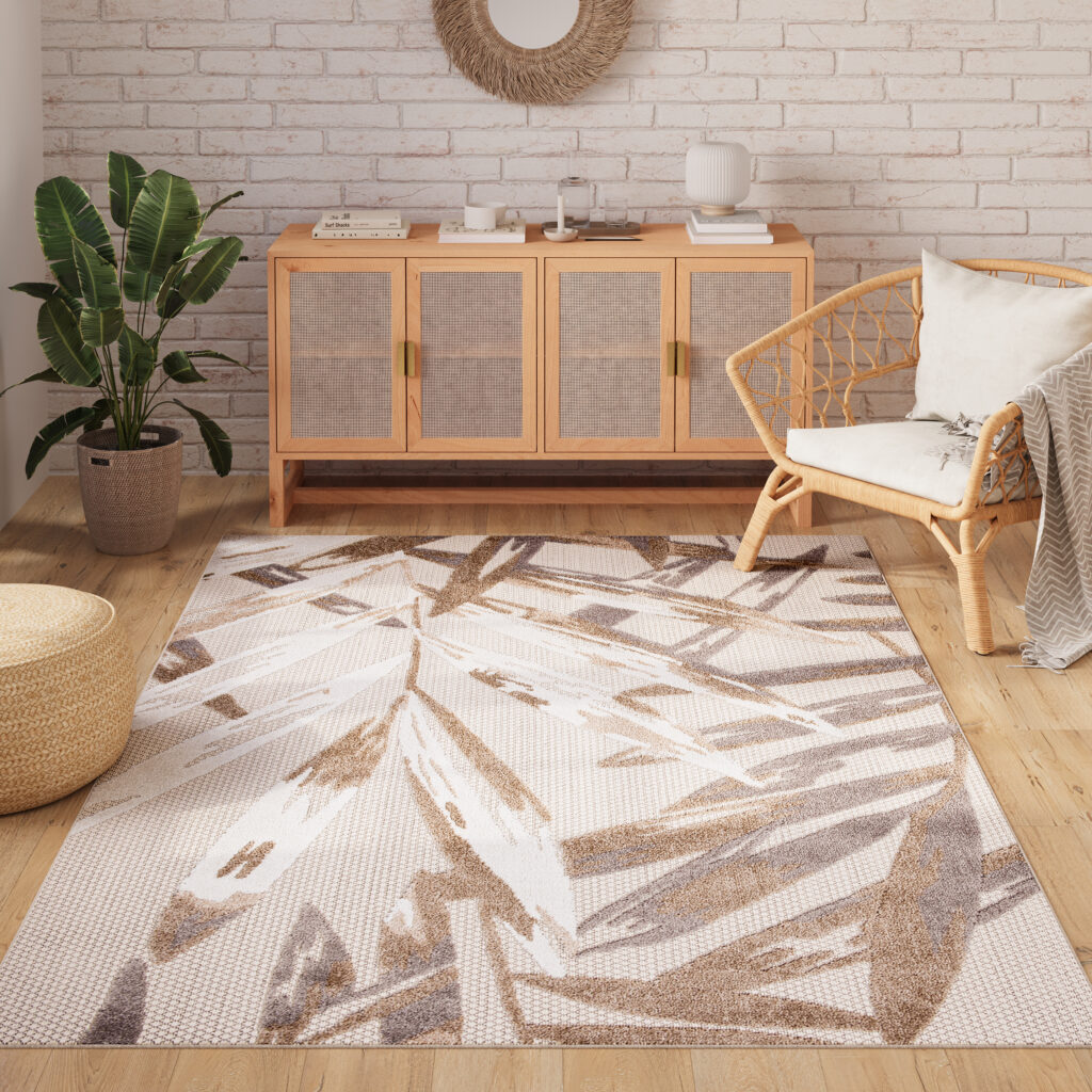 Teppich Outdoor Patio Creme Grau Blätter