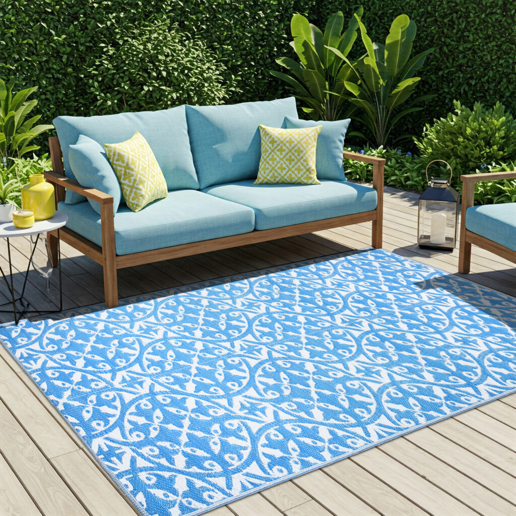 Teppich Ibiza Outdoor Beidseitig Wasserdicht Marineblau Weiß Kreise