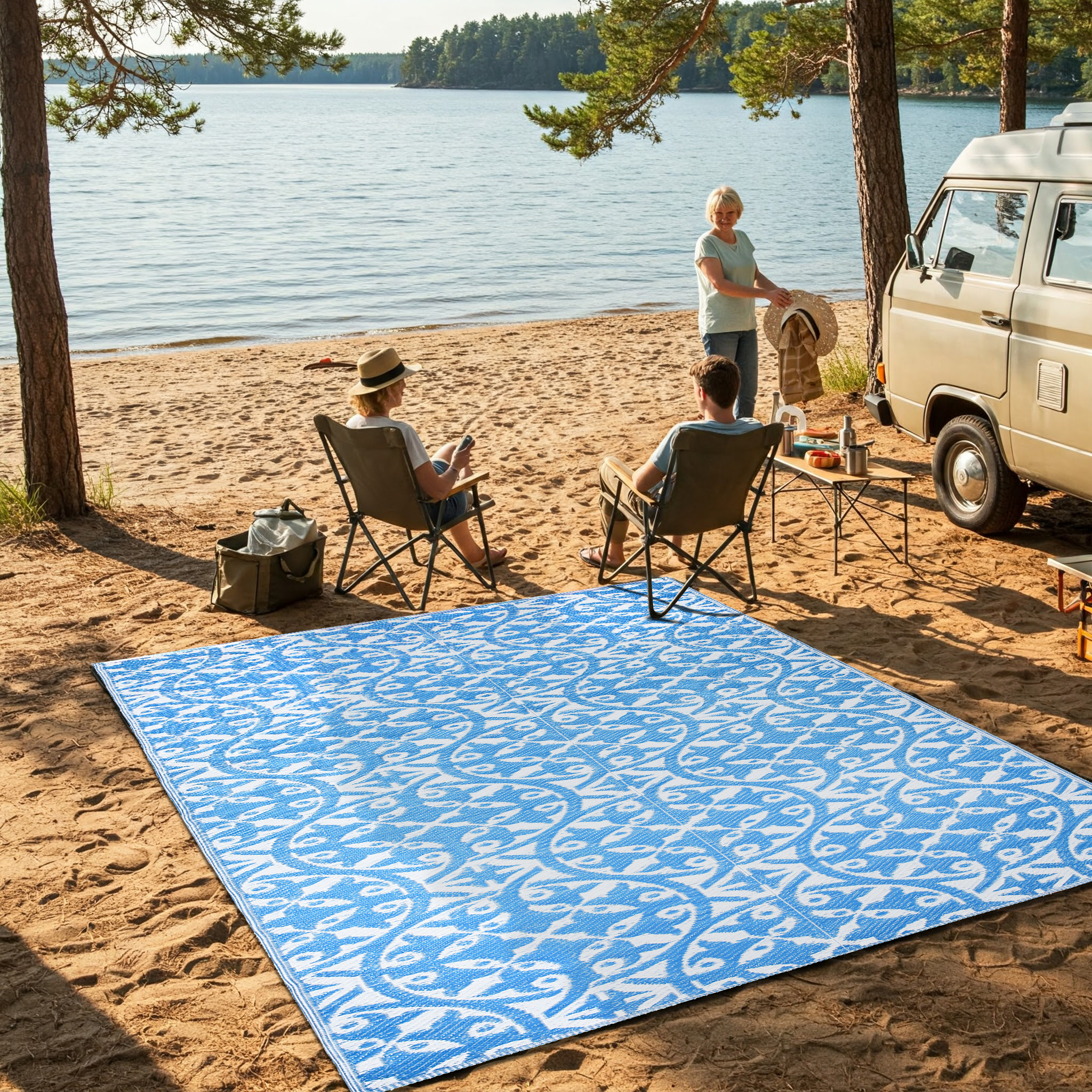 Teppich Ibiza Outdoor Beidseitig Wasserdicht Marineblau Weiß Kreise