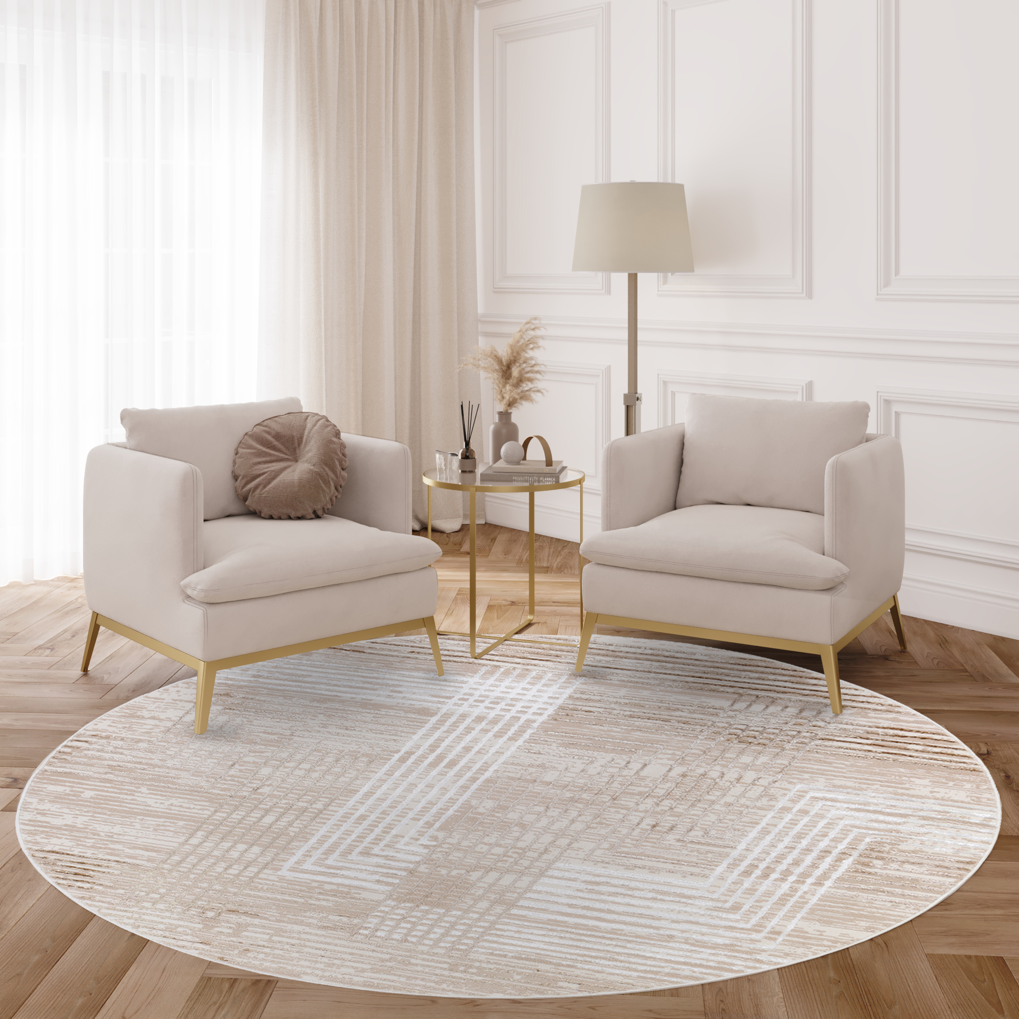 Teppich Crystal Rund Braun Beige Creme Streifen