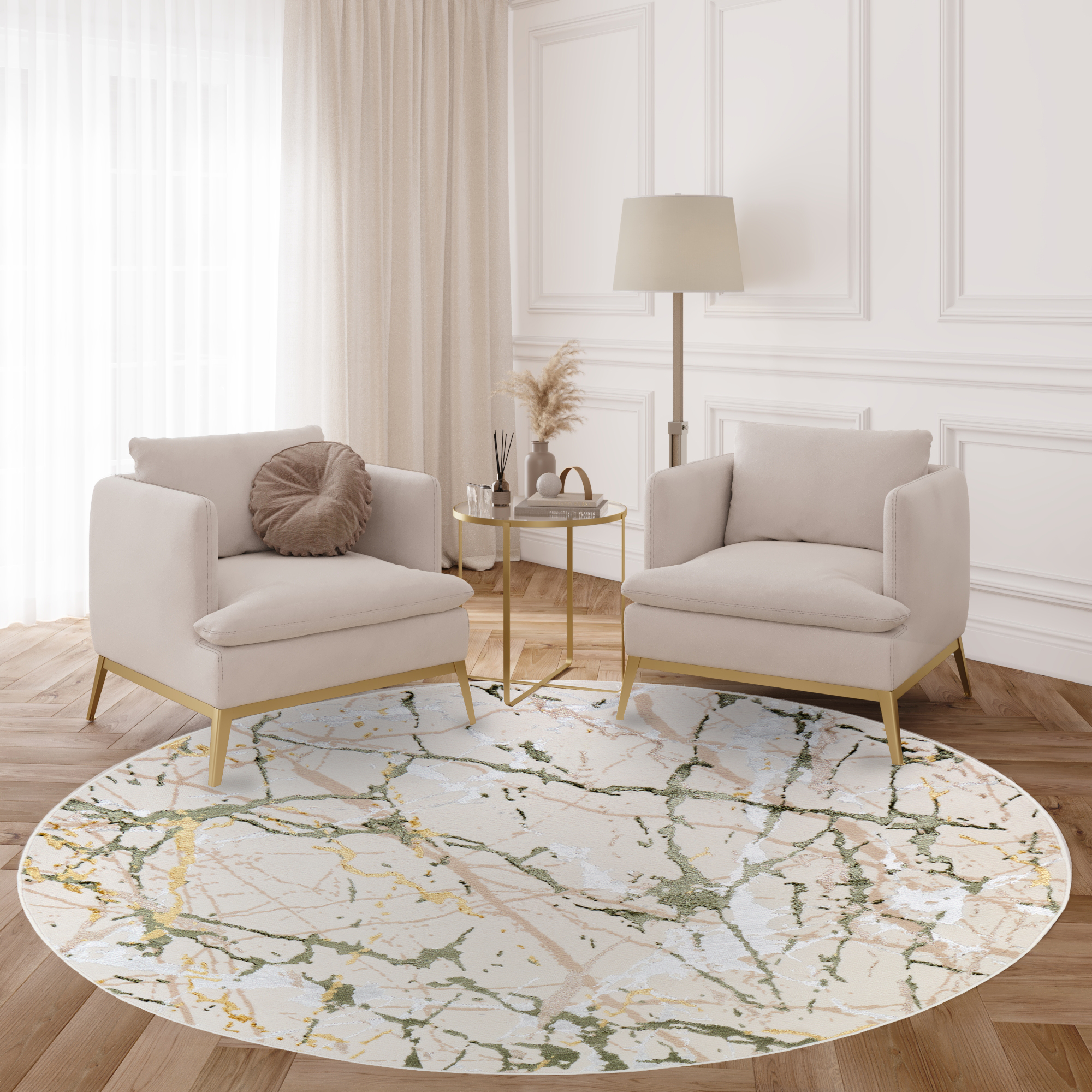 Teppich Crystal Rund Grün Creme Abstrakt Marmor