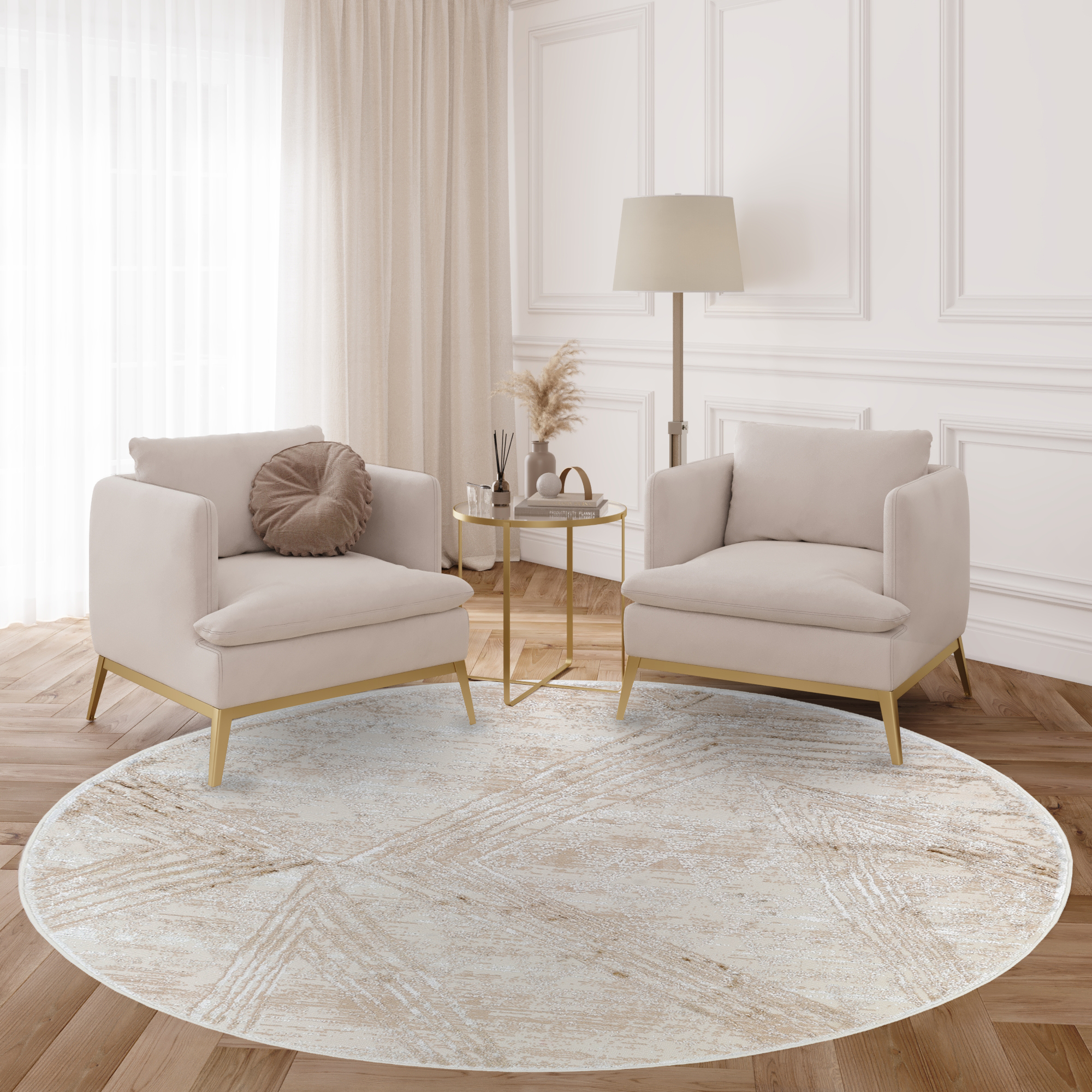 Teppich Crystal Rund Creme Braun Verwischt Linien