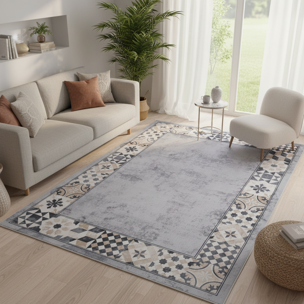 Teppich Nora Grau Beige Rahmen Rutschfest