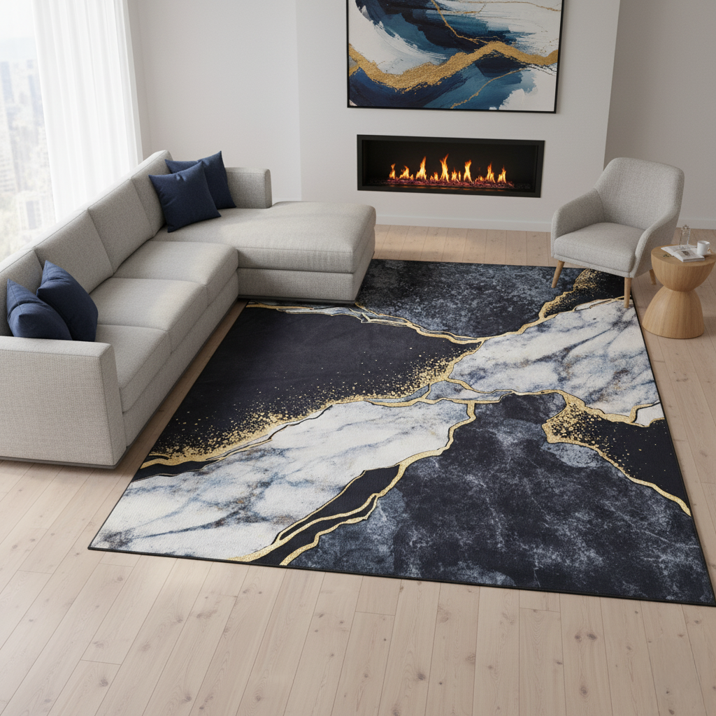 Teppich Nora Marineblau Grau Marmor Rutschfest