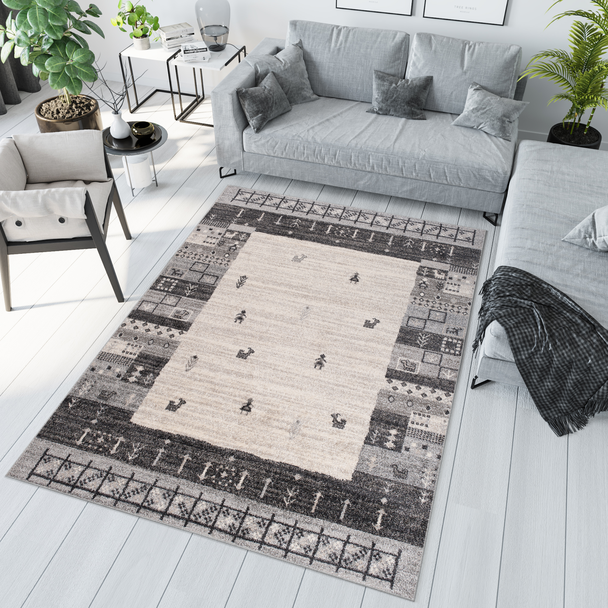 Teppich Sari Grau Creme Ethnisch Rahmen