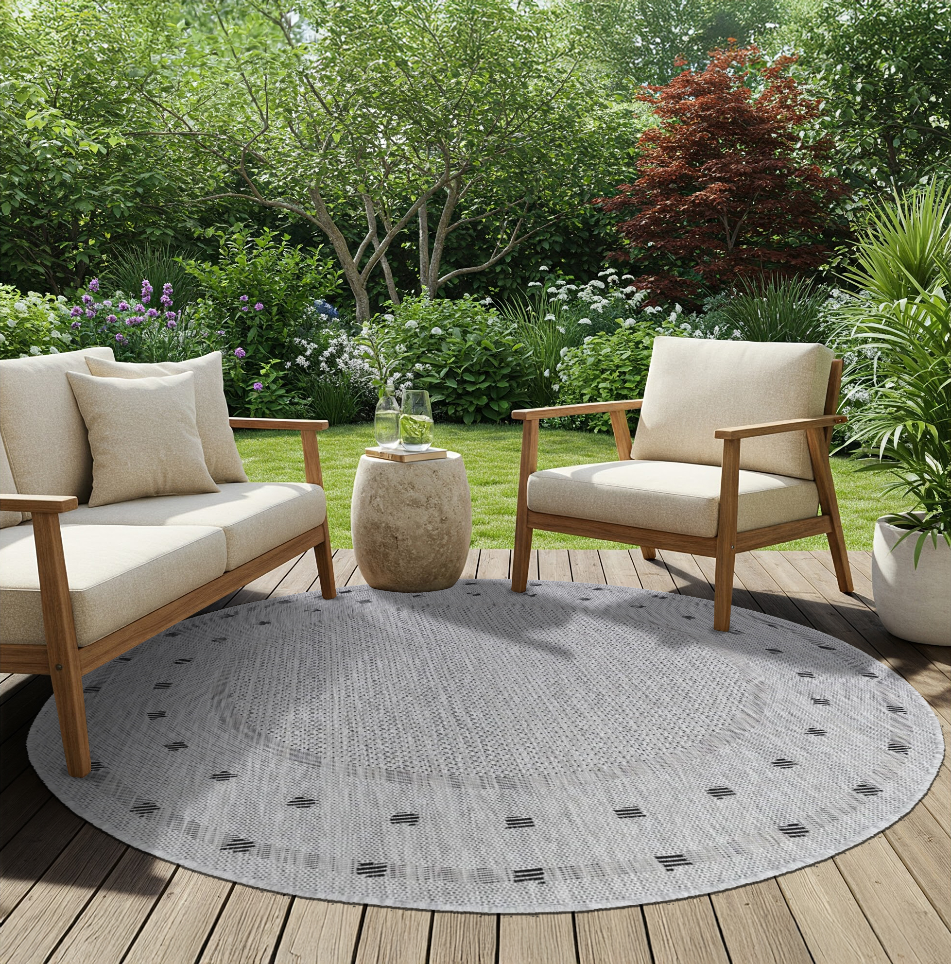 Teppich Melissa Rund Grau Rahmen Indoor Outdoor