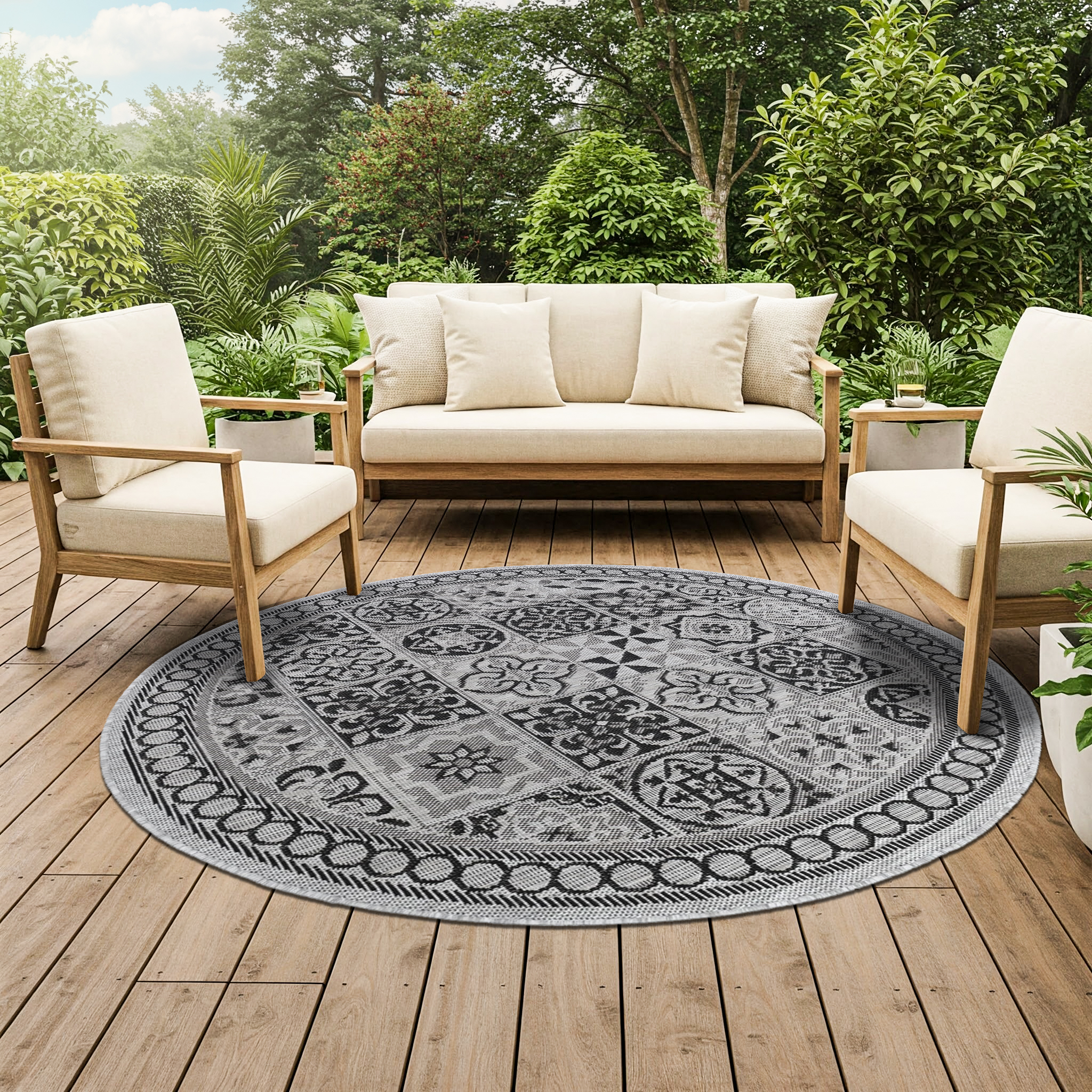 Teppich Melissa Rund Grau Schwarz Mosaik Indoor Outdoor