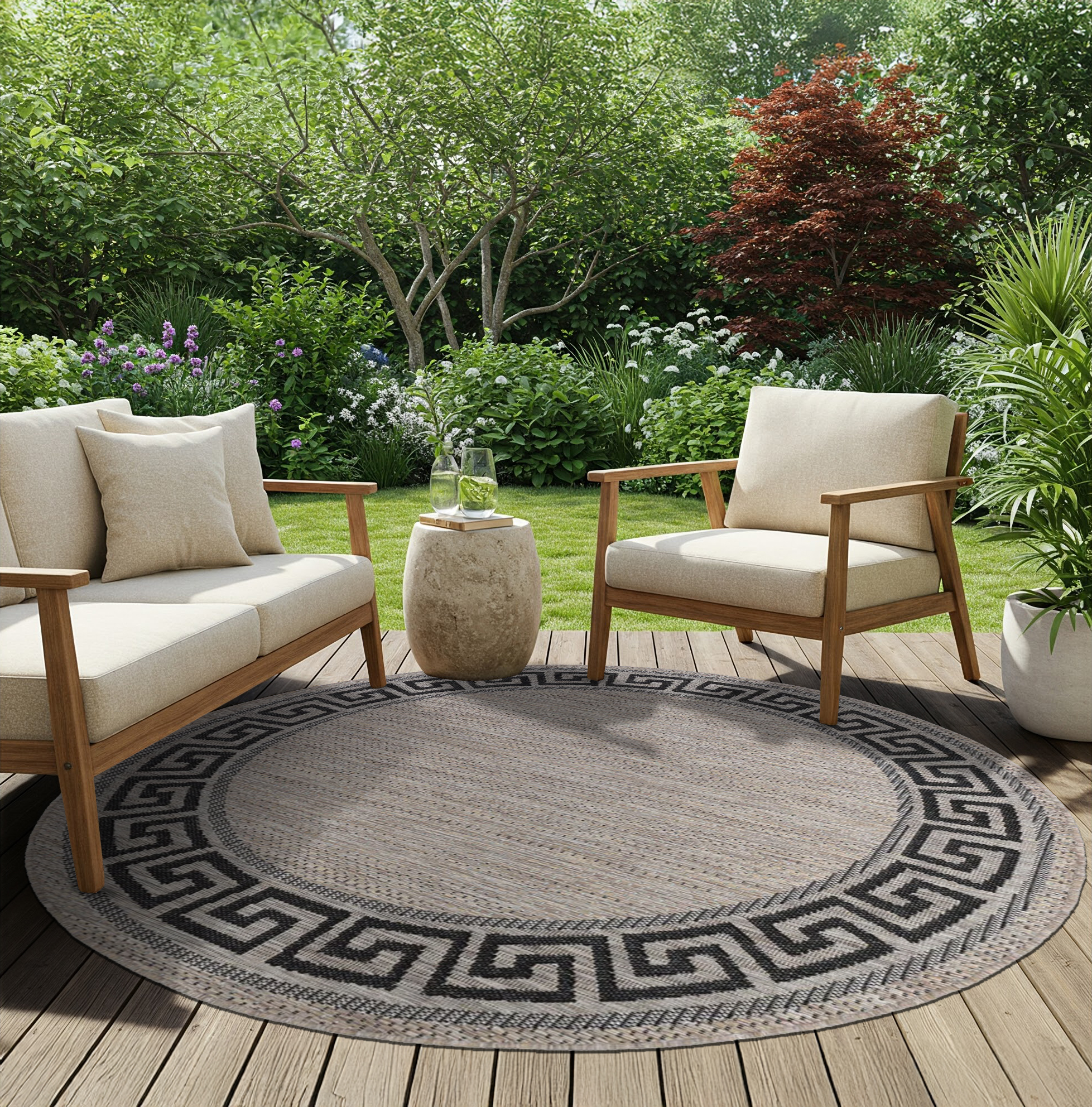 Teppich Melissa Rund Braun Schwarz ZickZack Indoor Outdoor