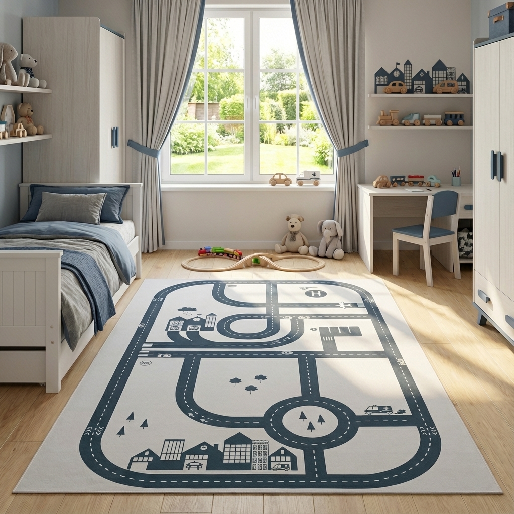 Kinderteppich Snooki Stadt Grau Marineblau Rutschfest