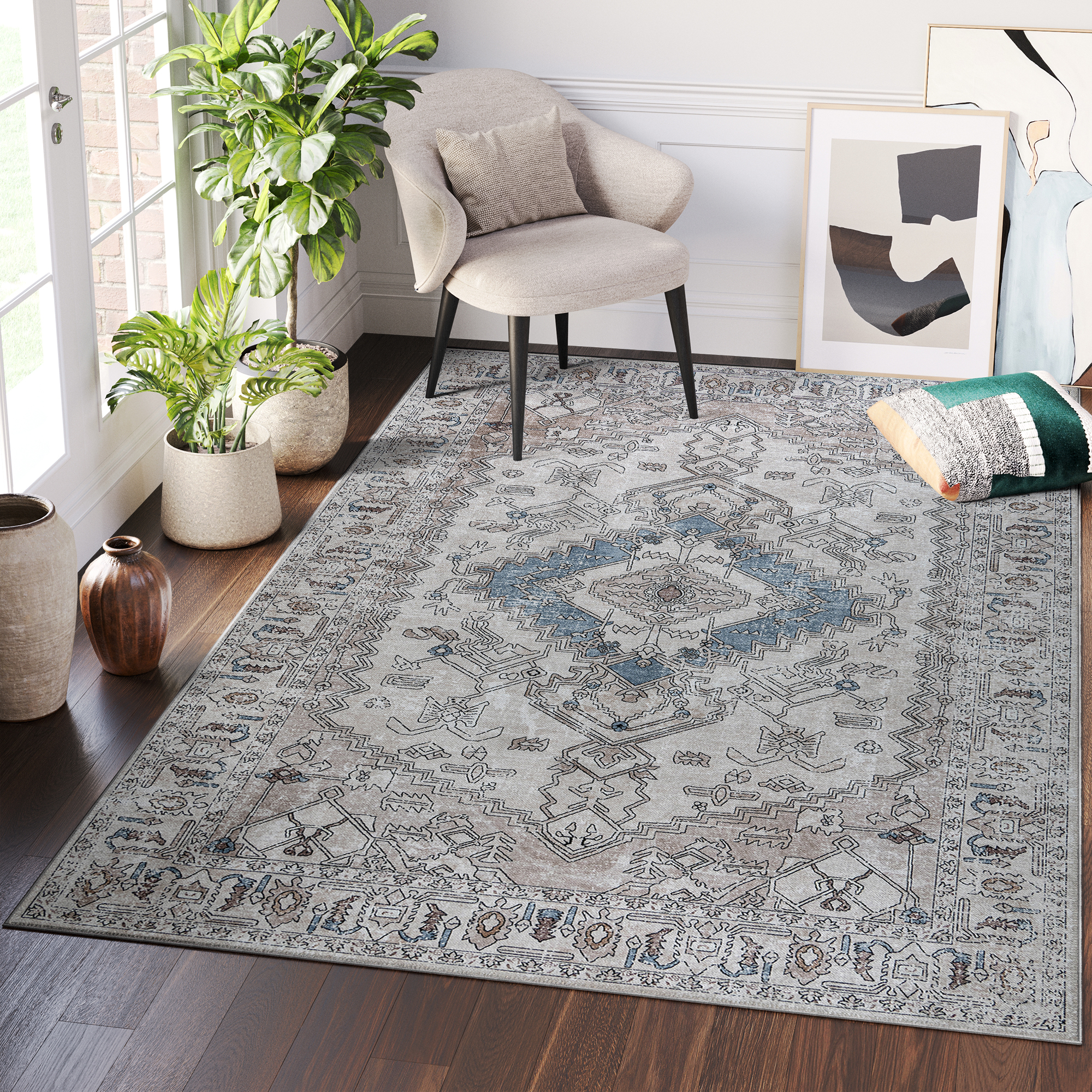 Teppich Dubai Grau Beige Vintage Rutschfest