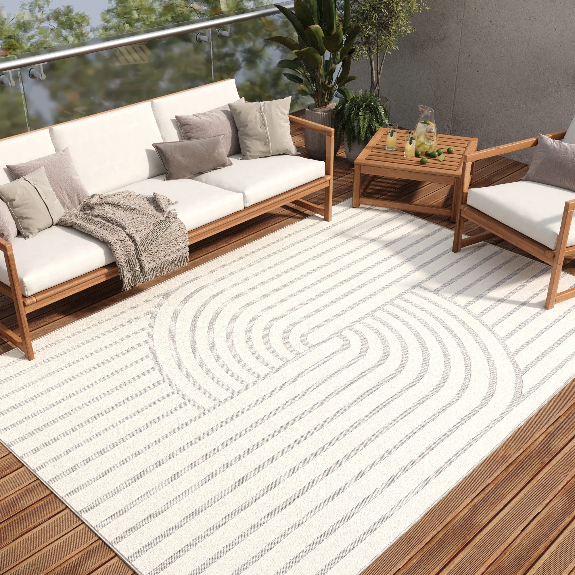 Teppich Outdoor Patio Creme Geometrisch Linien