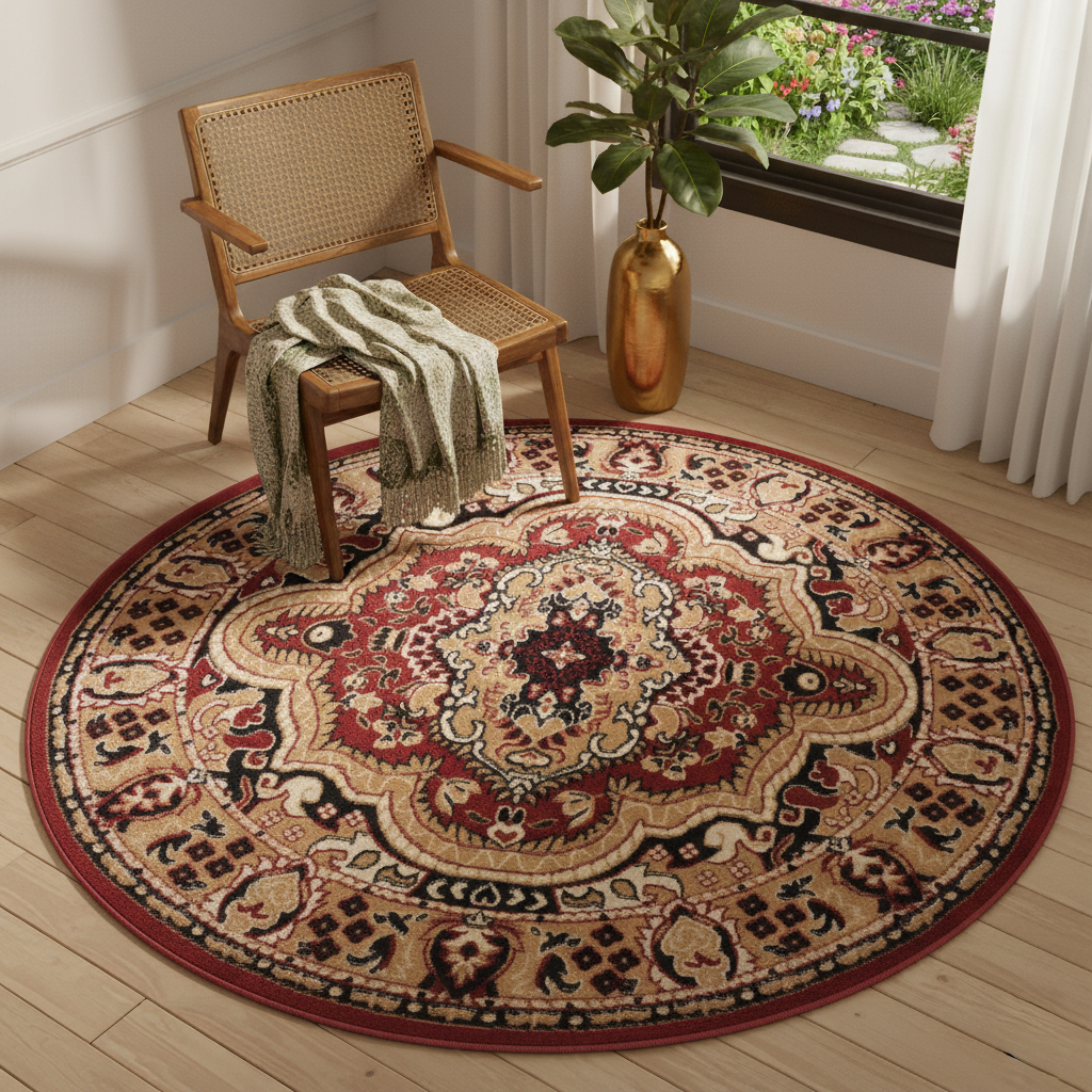 Teppich Atlas Rund Rot Beige Traditionell Medaillon