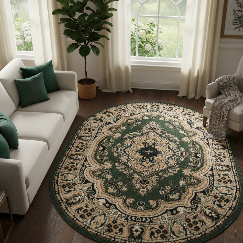 Teppich Atlas Oval Grün Beige Traditionell Medaillon